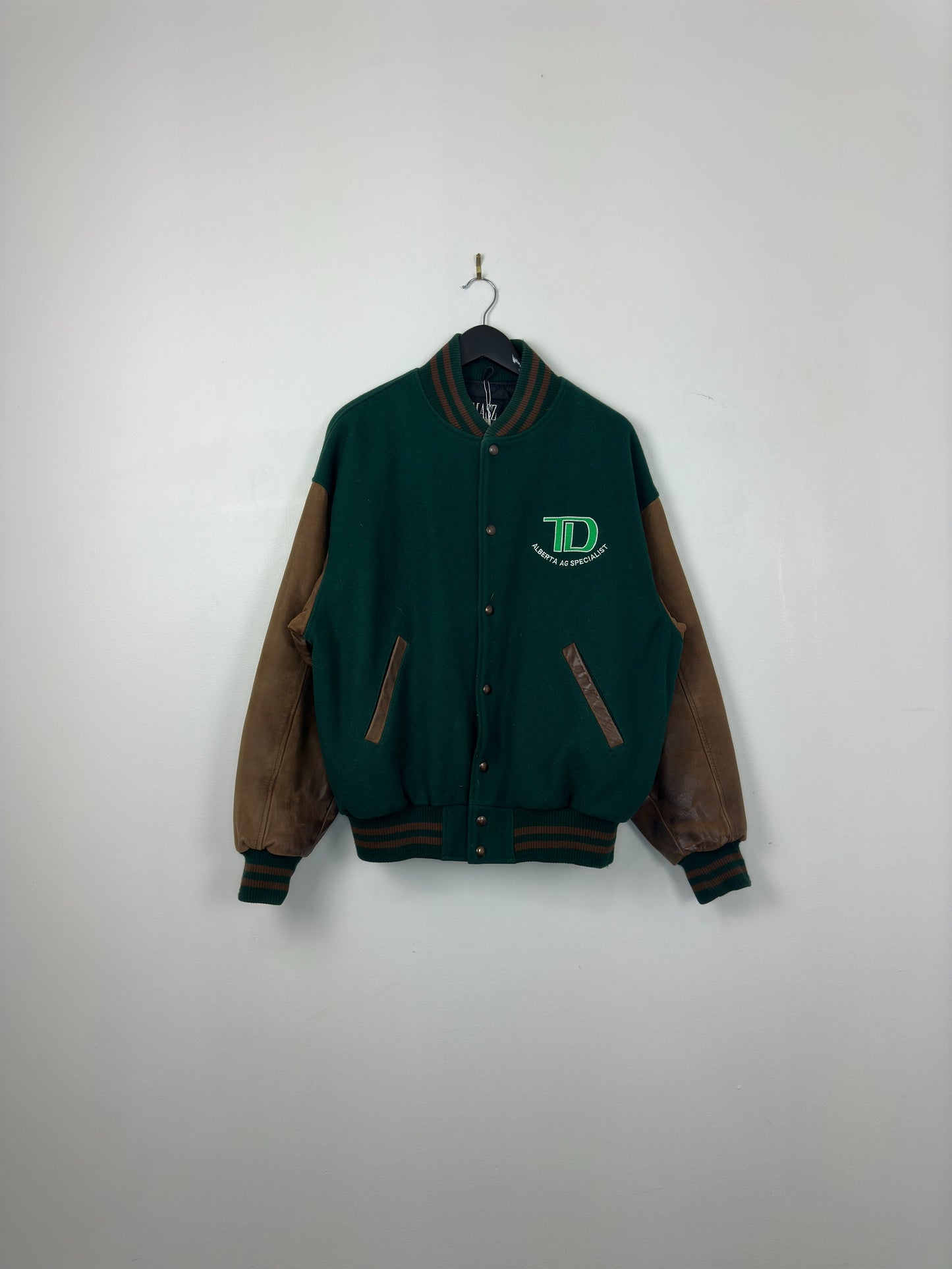 VTG x Lamasz Sport x TD x Alberta Specialist x Green Brown Leather Varsity Jacket - M