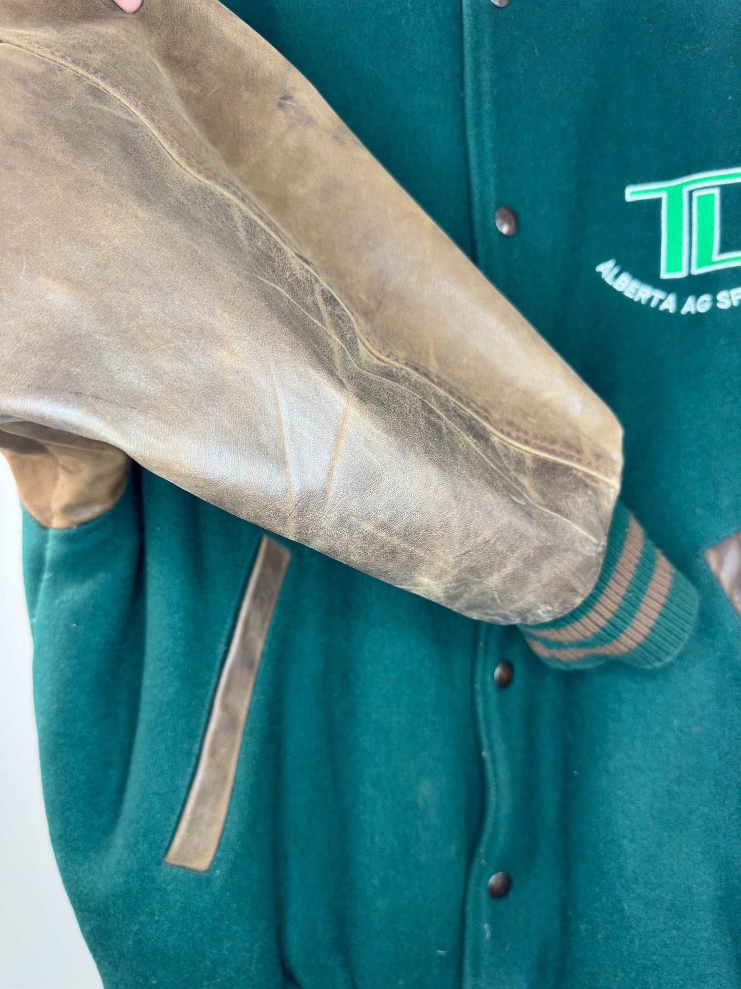 VTG x Lamasz Sport x TD x Alberta Specialist x Green Brown Leather Varsity Jacket - M
