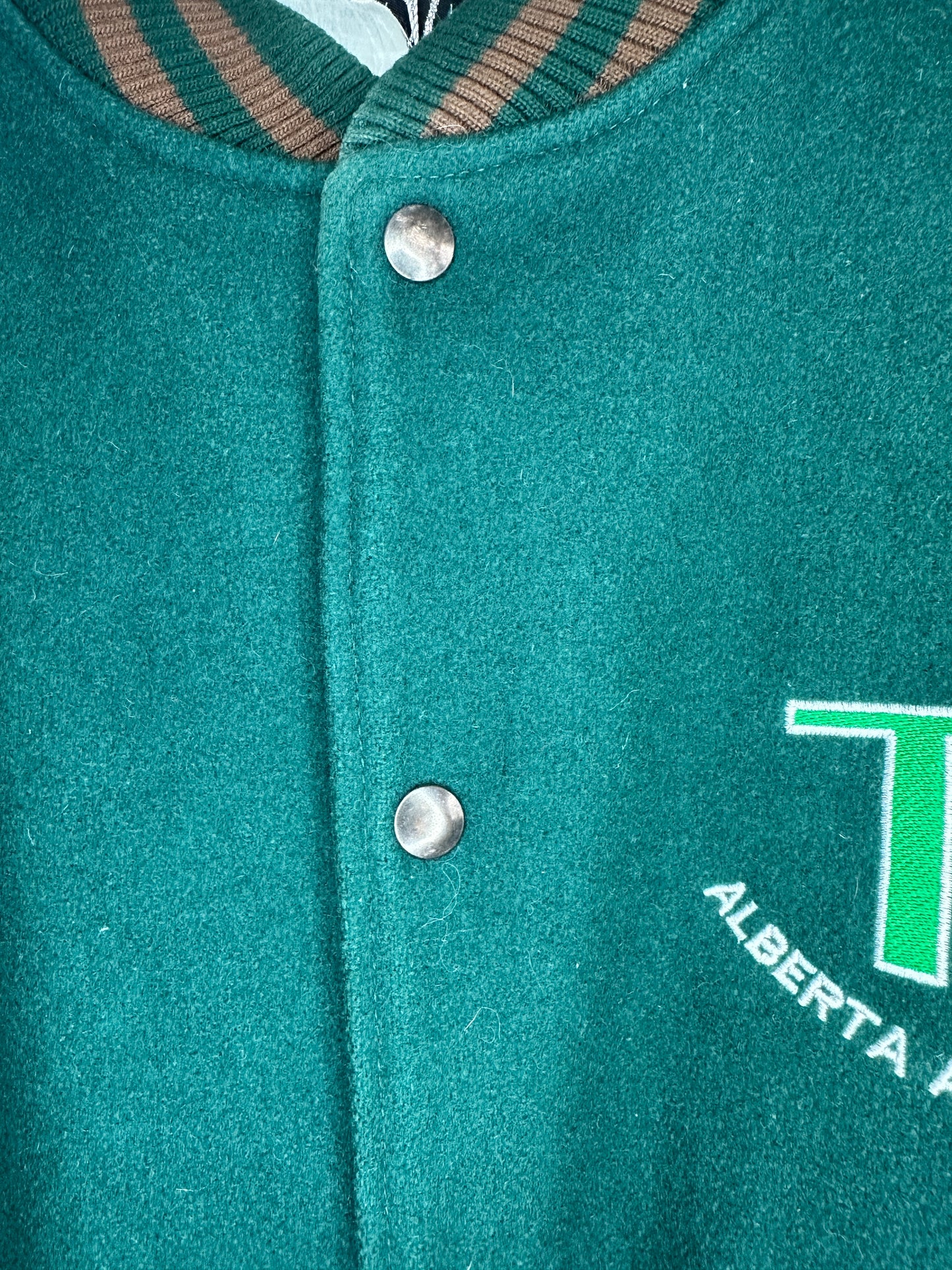 VTG x Lamasz Sport x TD x Alberta Specialist x Green Brown Leather Varsity Jacket - M