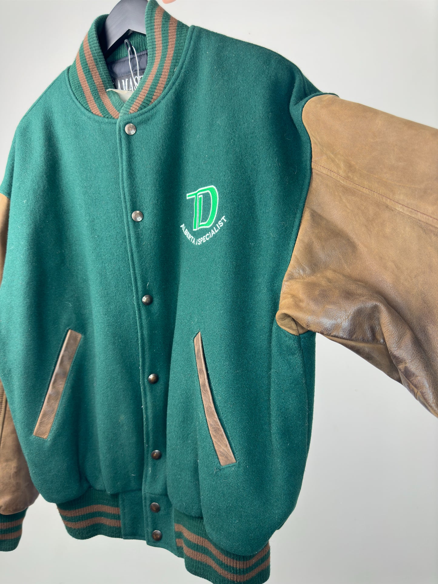 VTG x Lamasz Sport x TD x Alberta Specialist x Green Brown Leather Varsity Jacket - M