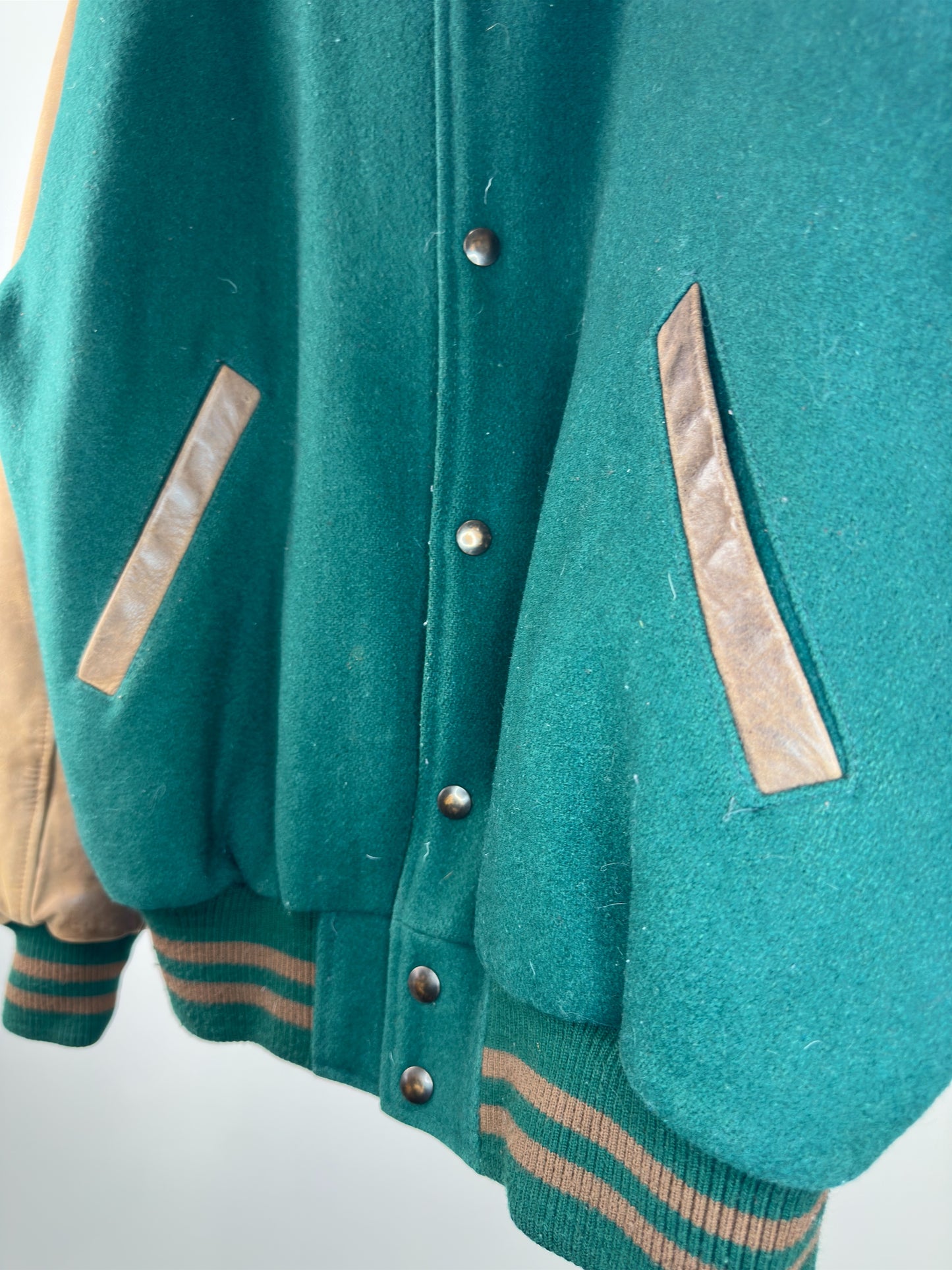 VTG x Lamasz Sport x TD x Alberta Specialist x Green Brown Leather Varsity Jacket - M