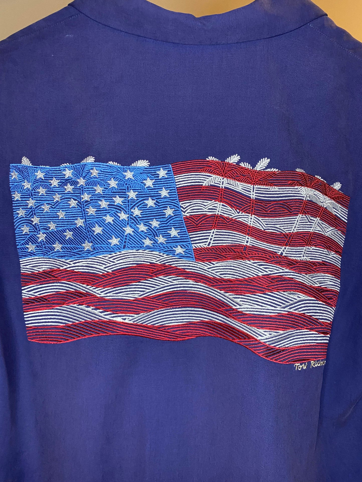 Tori Richards x USA Flag Navy Blue Short Sleeve Button-Up - S