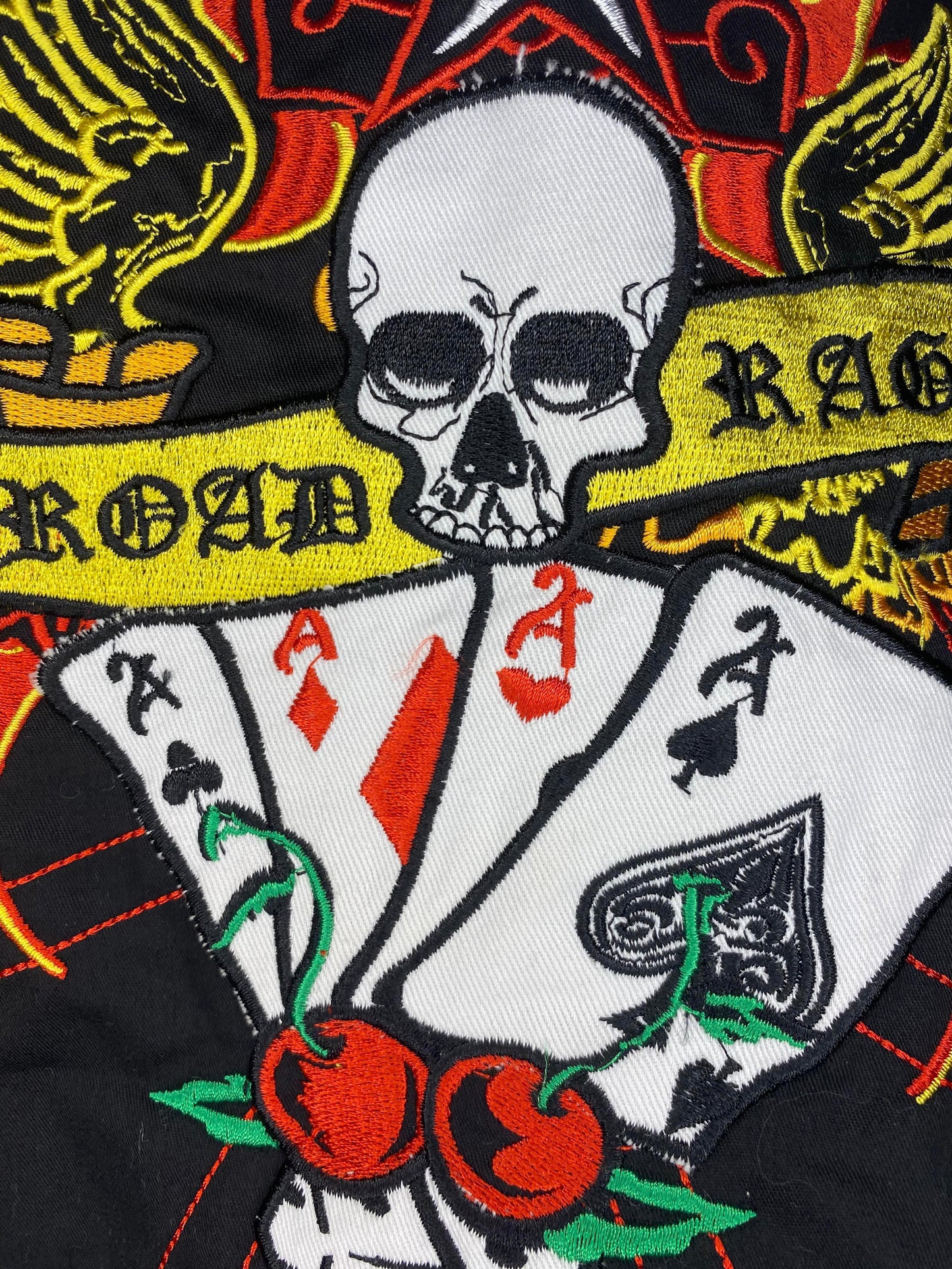 VTG x Dragonfly Roadhouse x Black Skull of Spades Embroidered Biker Short Sleeve Button Up - M