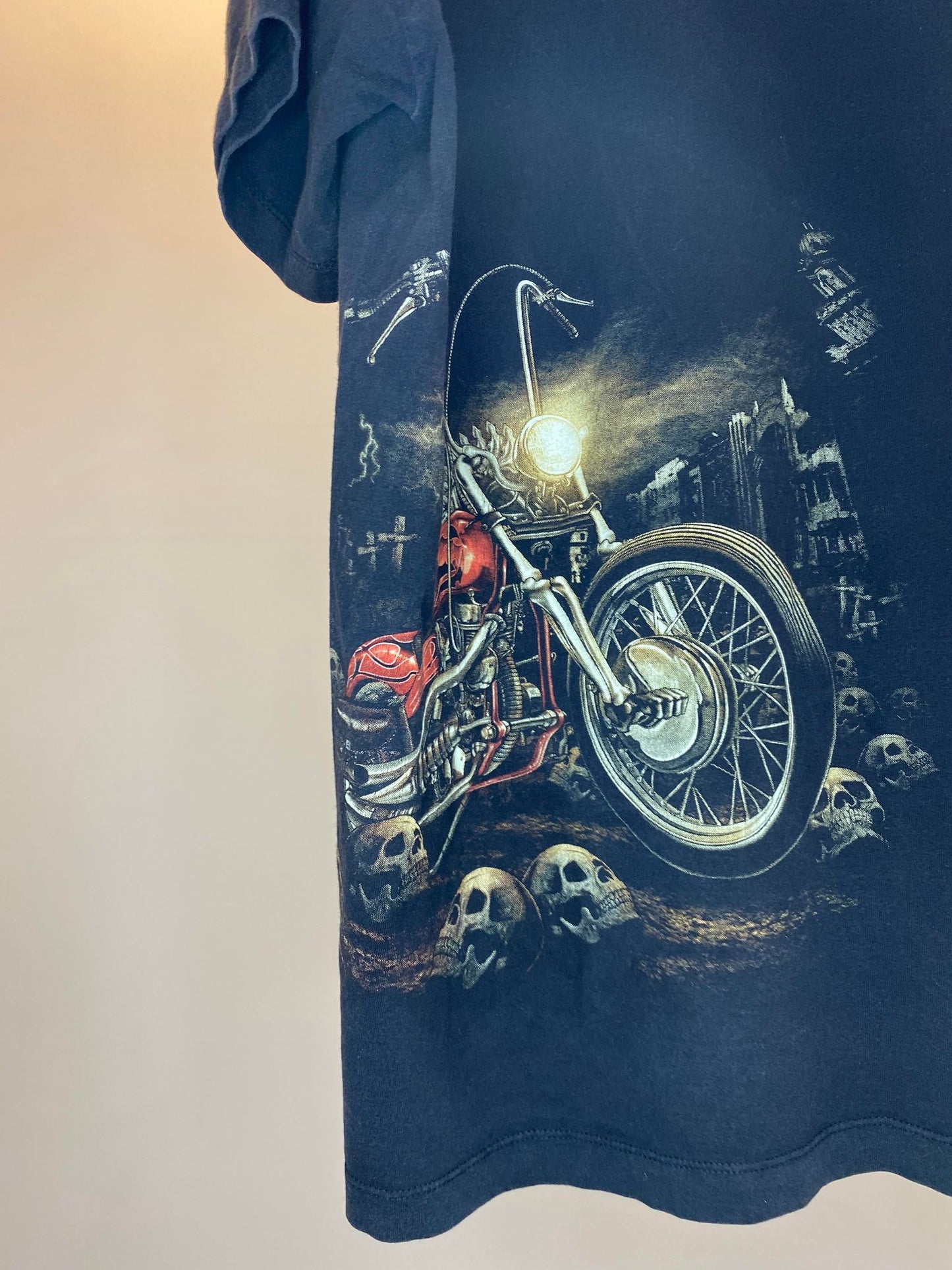 Survivors x Skeleton Gunner & Biker Wrap Around Graphic w/ Metal Beads Bleached Patterned Tee - XL