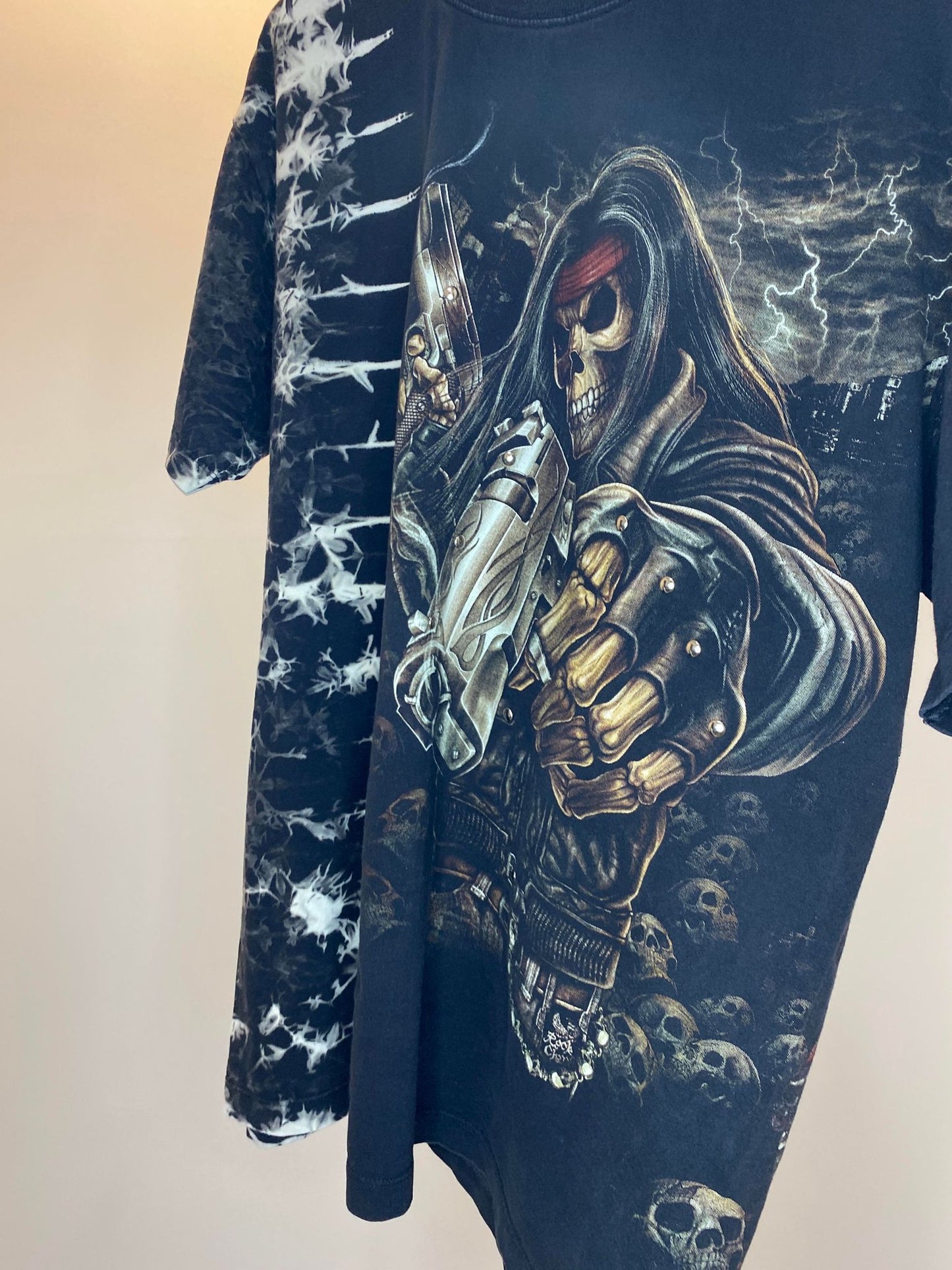 Survivors x Skeleton Gunner & Biker Wrap Around Graphic w/ Metal Beads Bleached Patterned Tee - XL