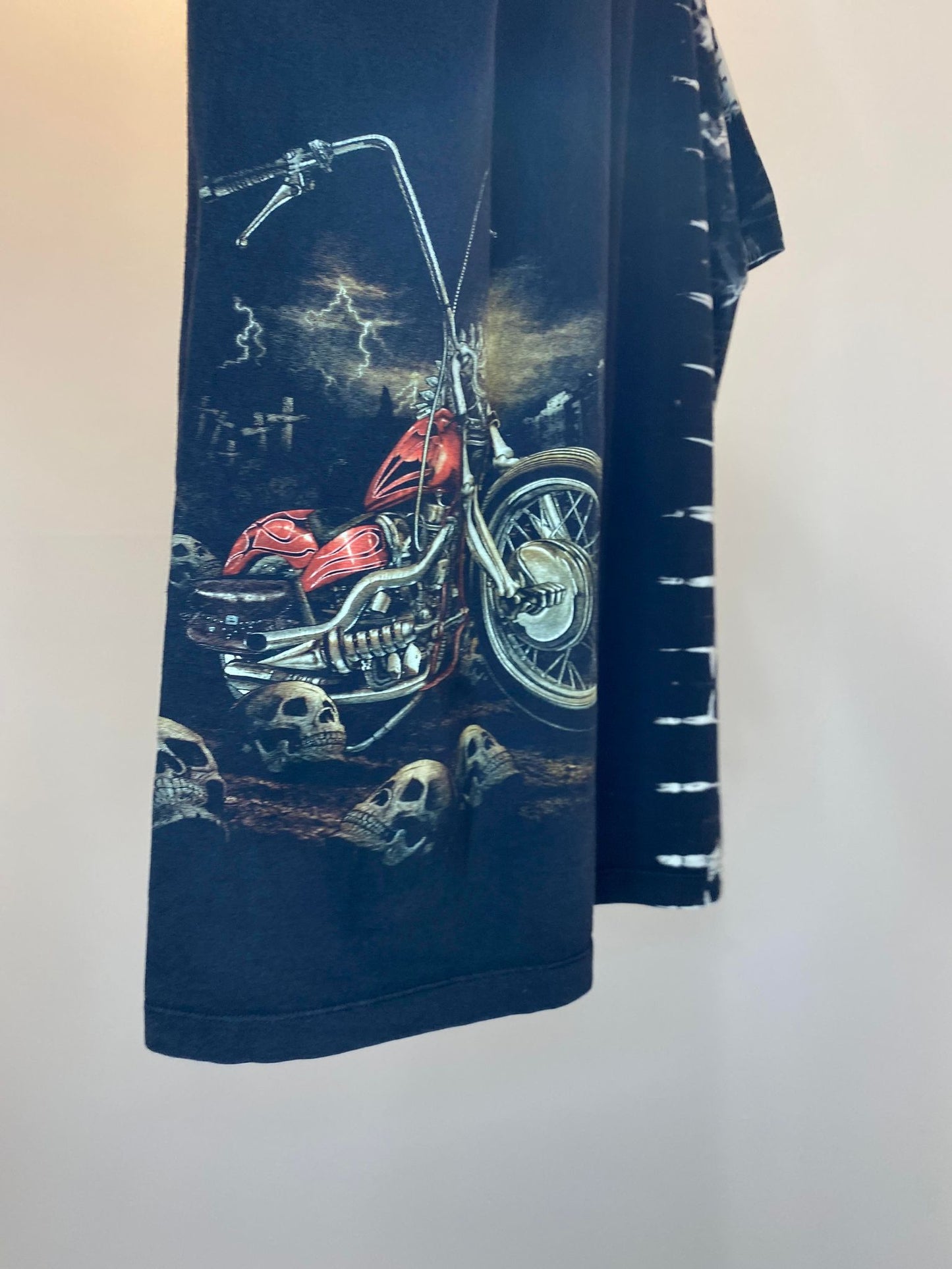 Survivors x Skeleton Gunner & Biker Wrap Around Graphic w/ Metal Beads Bleached Patterned Tee - XL