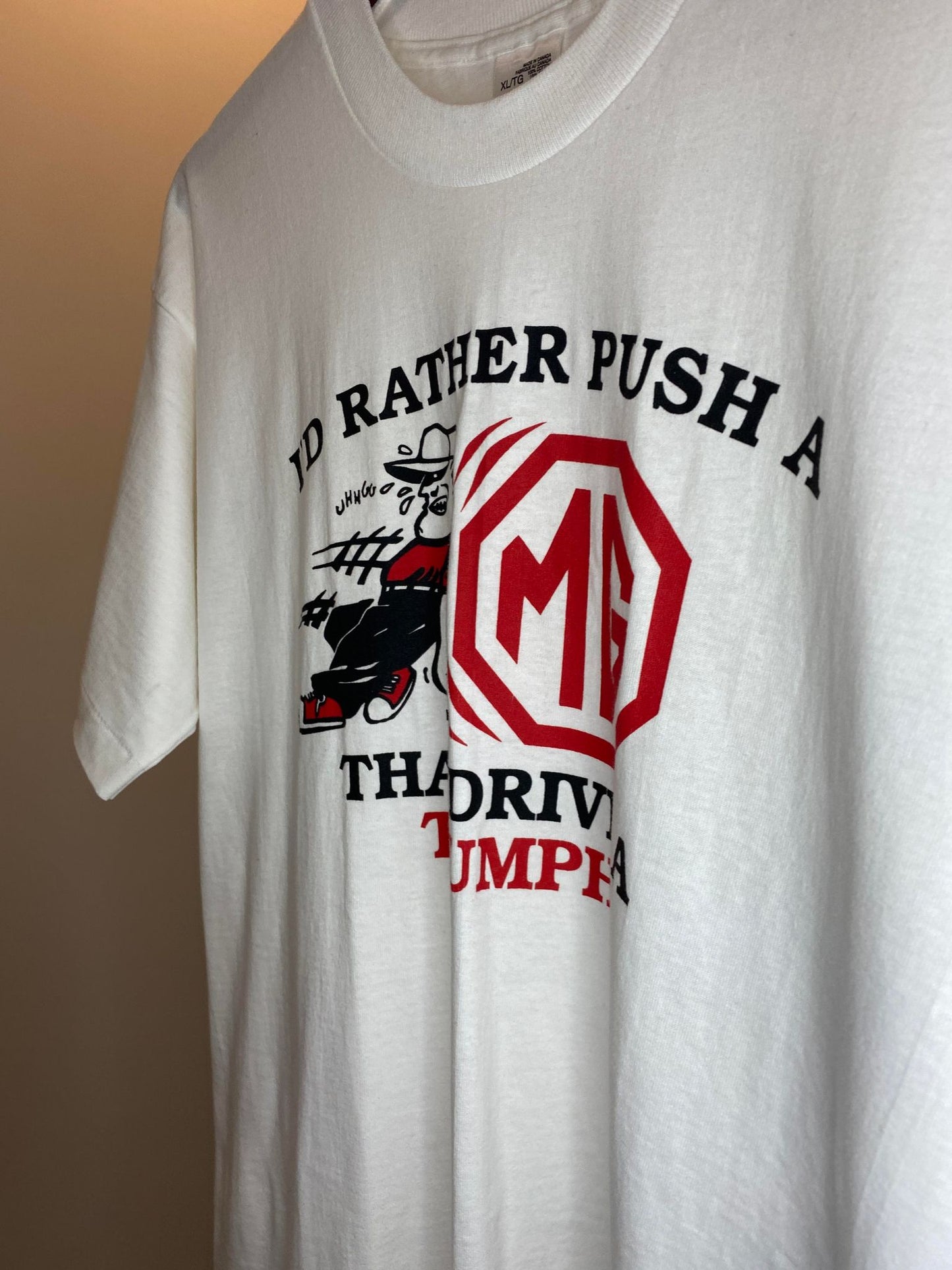 VTG x Fruit of the Loom x I'd Rather Push a MG than Drive a Triumph White Statement Graphic Single Stitched Tee - XL