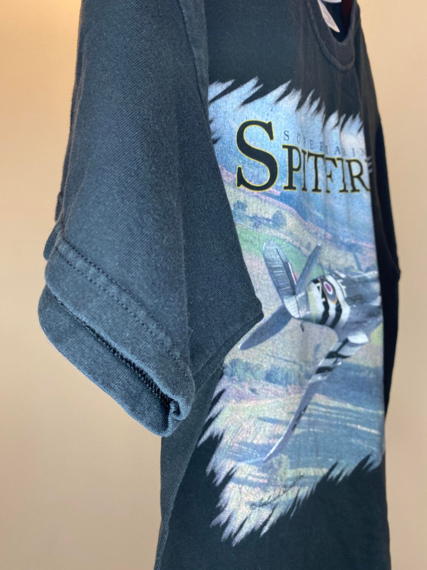 M&O Knits x Labusch Skywear Inc. x Super Marine Spitfire Fighter Jet Black Graphic Tee - M