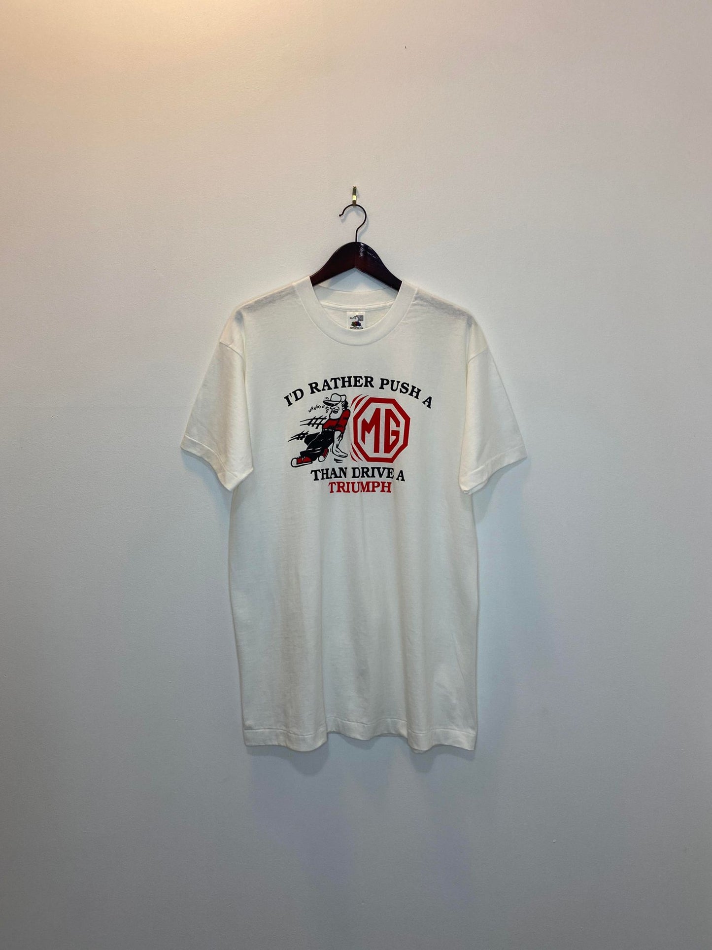 VTG x Fruit of the Loom x I'd Rather Push a MG than Drive a Triumph White Statement Graphic Single Stitched Tee - XL