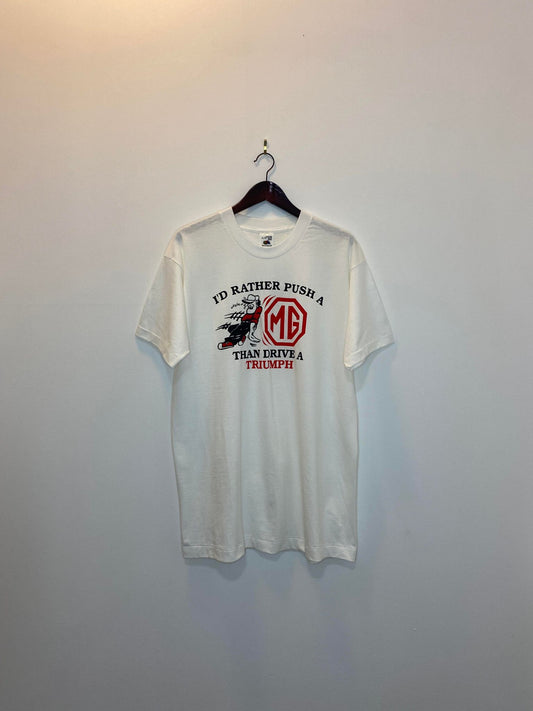 VTG x Fruit of the Loom x I'd Rather Push a MG than Drive a Triumph White Statement Graphic Single Stitched Tee - XL