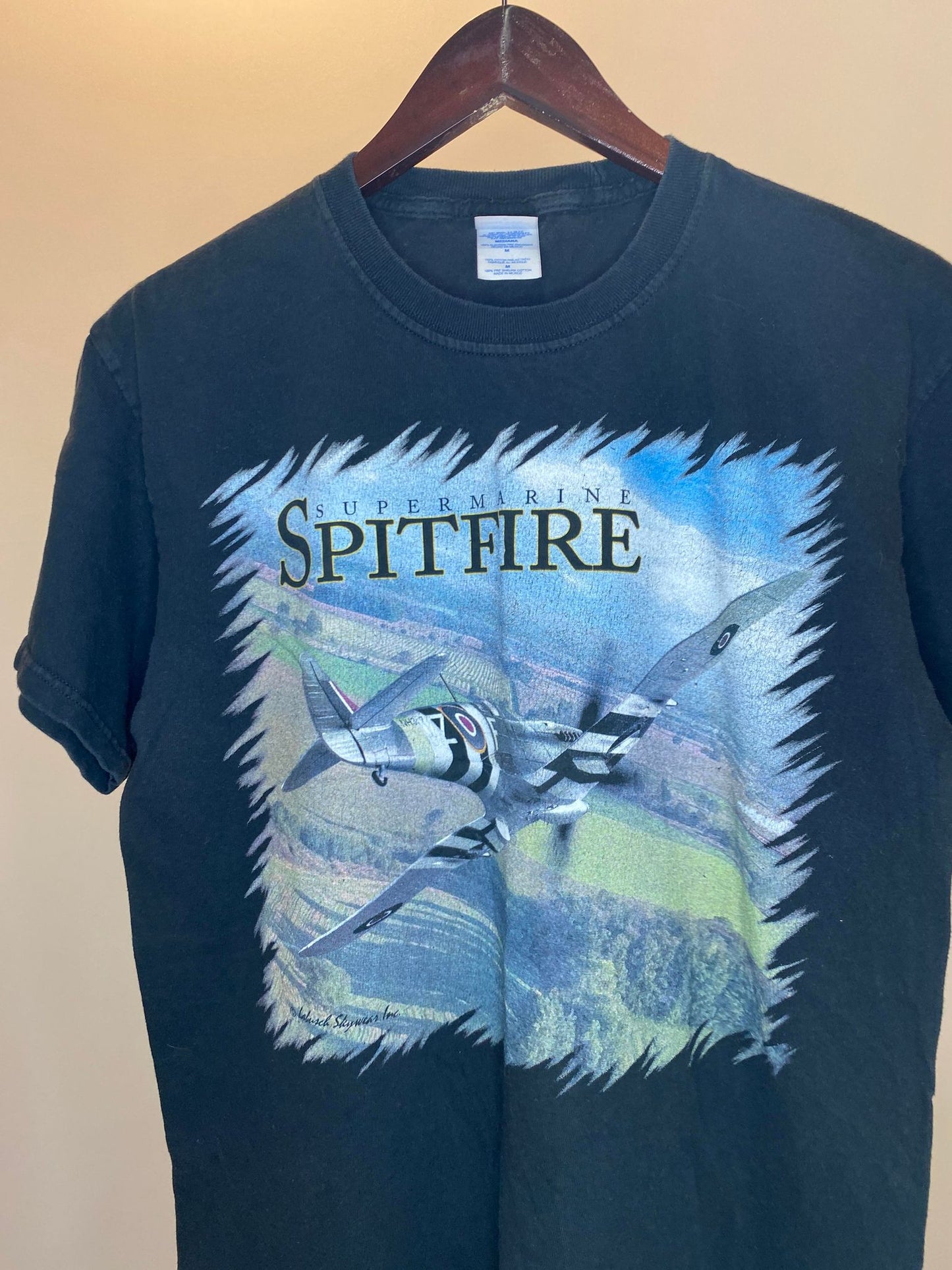 M&O Knits x Labusch Skywear Inc. x Super Marine Spitfire Fighter Jet Black Graphic Tee - M