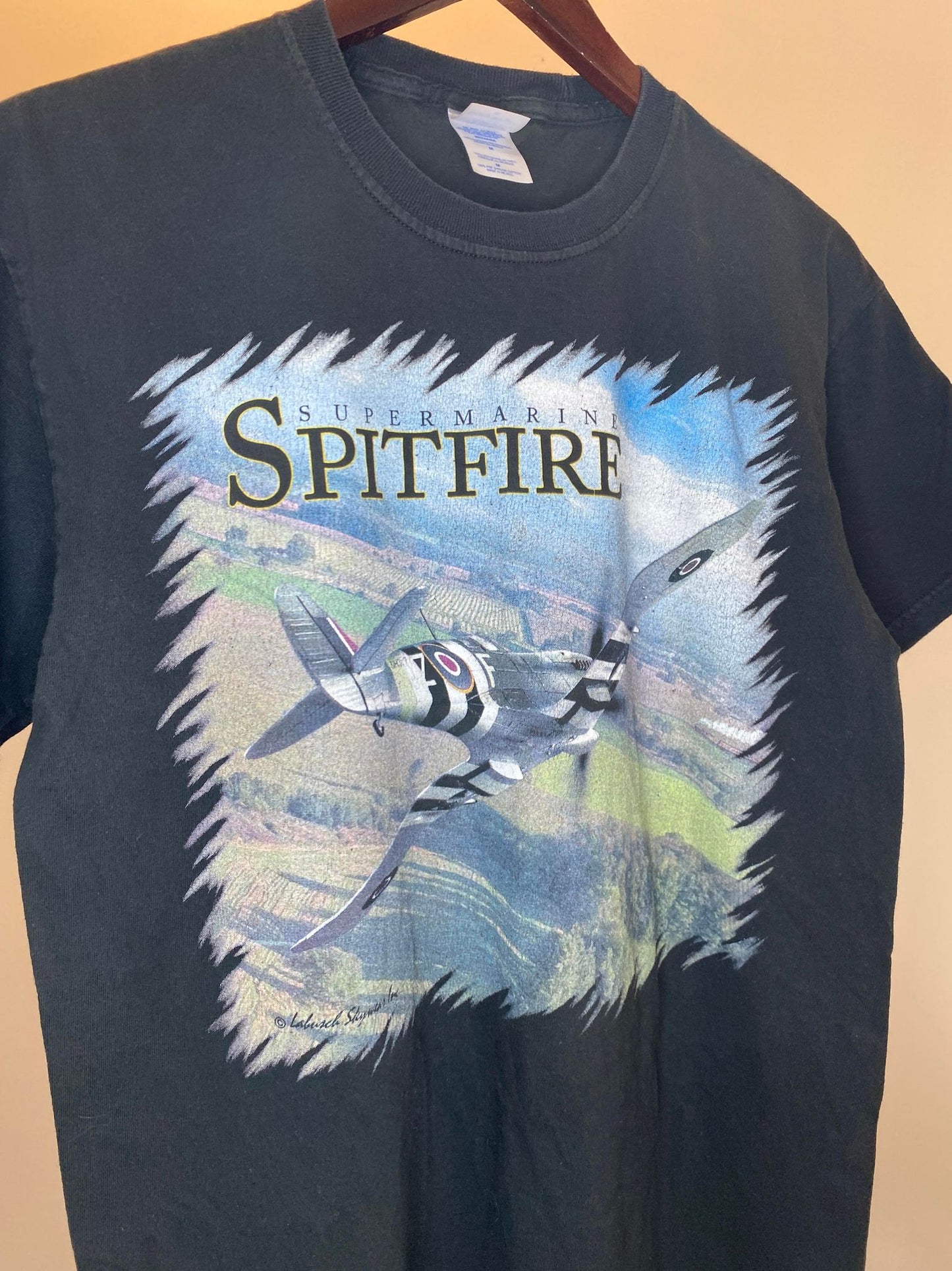 M&O Knits x Labusch Skywear Inc. x Super Marine Spitfire Fighter Jet Black Graphic Tee - M