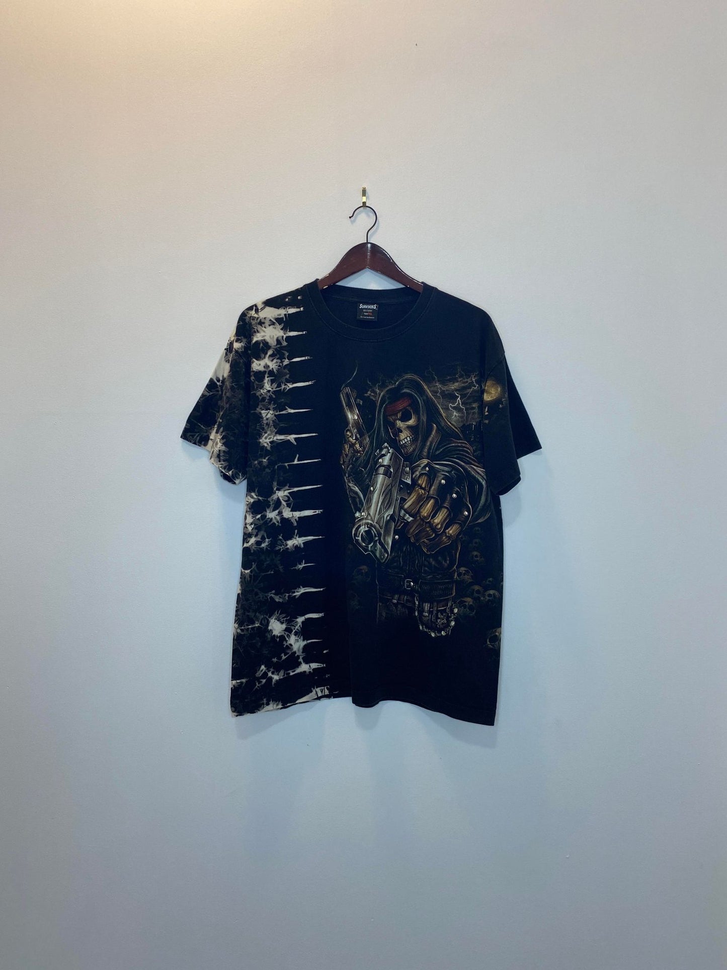 Survivors x Skeleton Gunner & Biker Wrap Around Graphic w/ Metal Beads Bleached Patterned Tee - XL