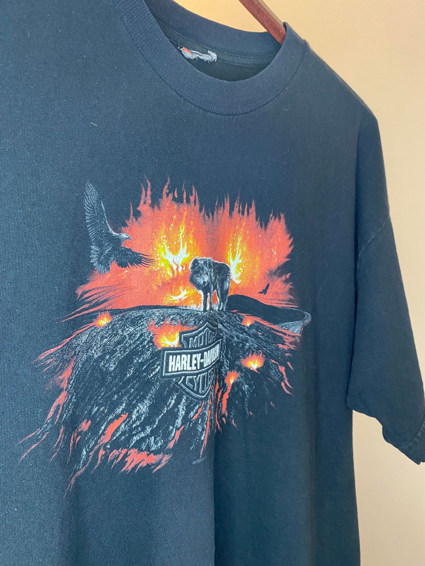 Harley Davidson x Wolf, Eagle, & Volcano Nature Calgary Alberta, Canada Black Graphic Tee - XL (Cut Tag)