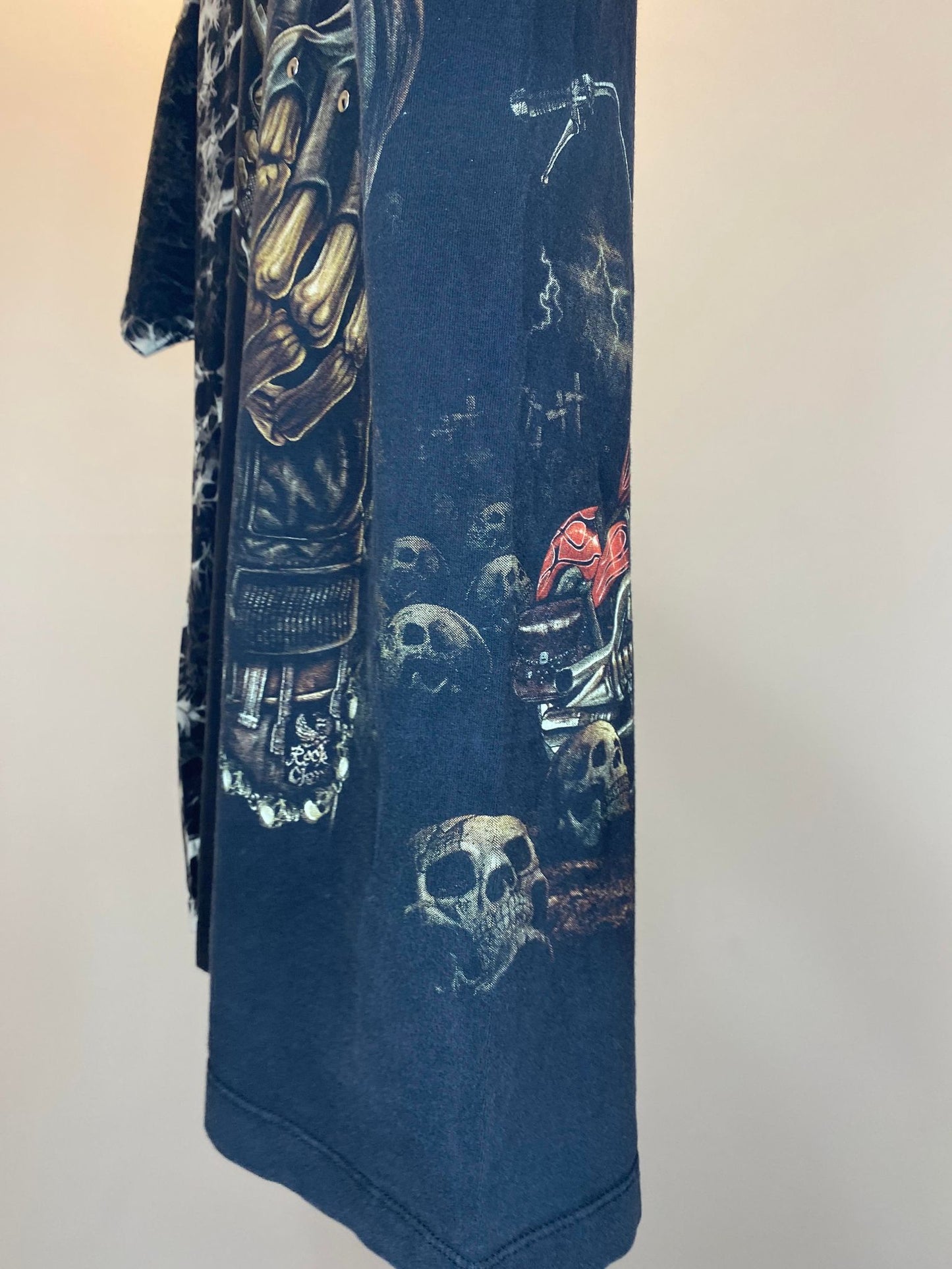 Survivors x Skeleton Gunner & Biker Wrap Around Graphic w/ Metal Beads Bleached Patterned Tee - XL