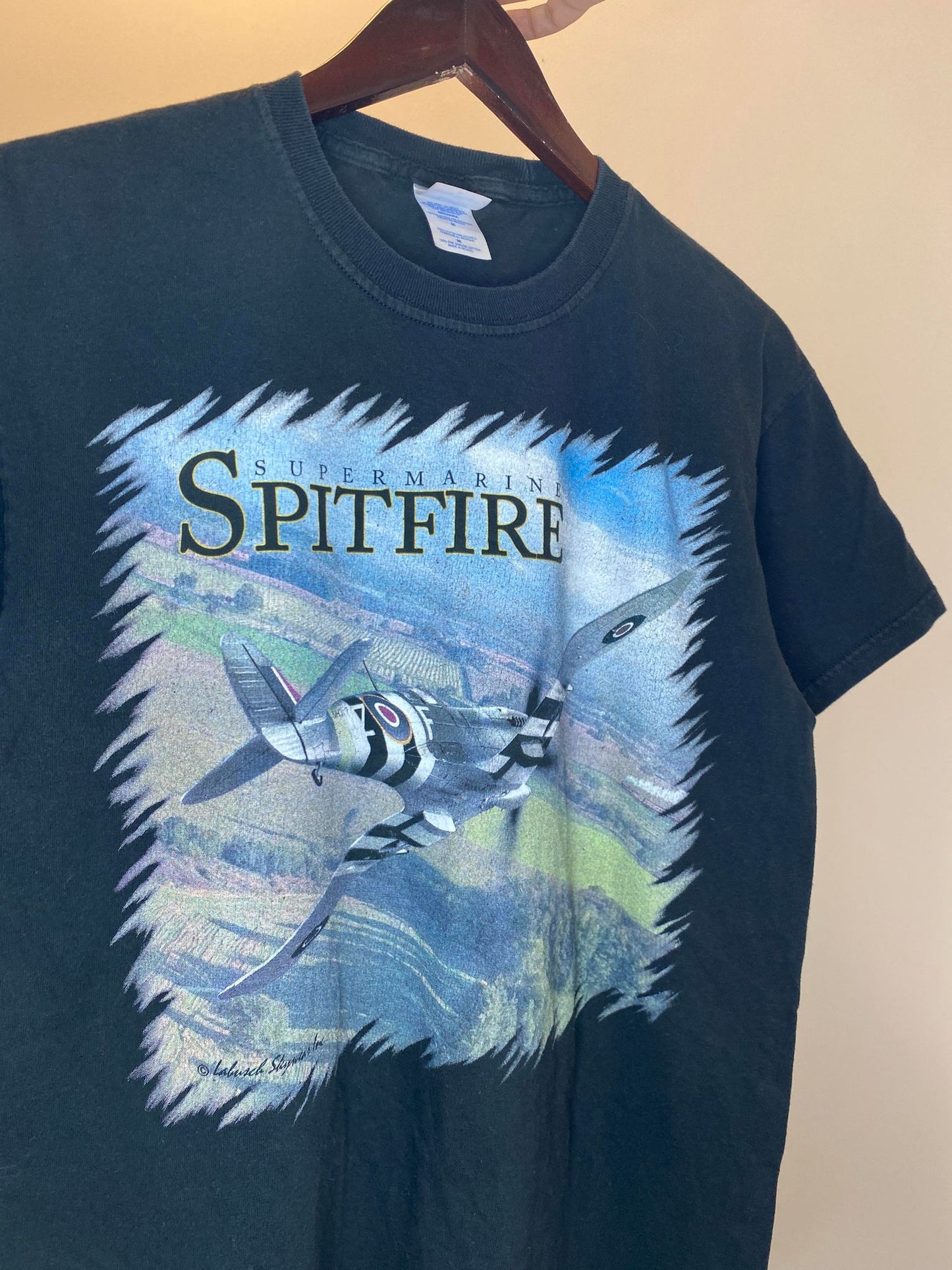 M&O Knits x Labusch Skywear Inc. x Super Marine Spitfire Fighter Jet Black Graphic Tee - M