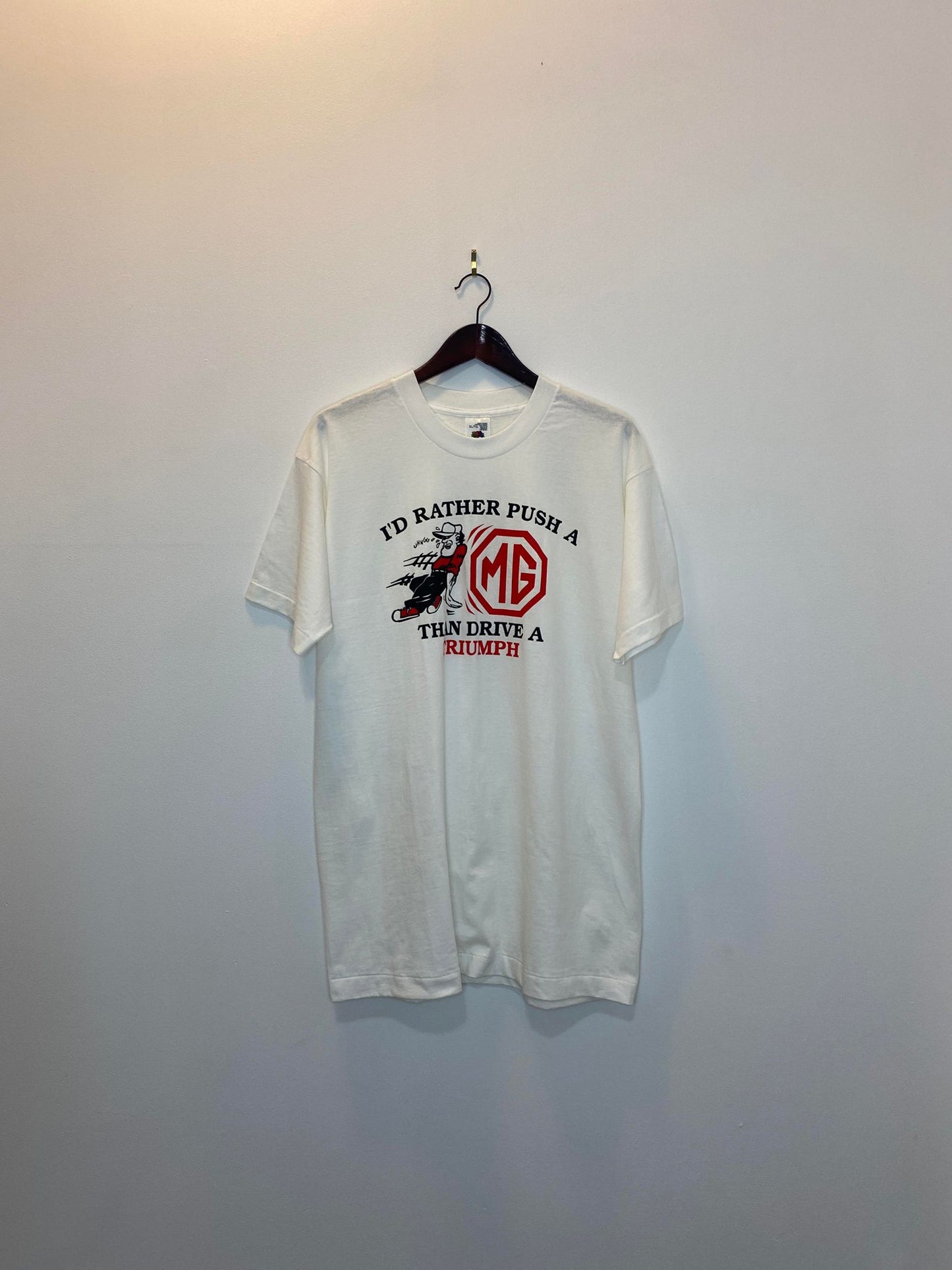 VTG x Fruit of the Loom x I'd Rather Push a MG than Drive a Triumph White Statement Graphic Single Stitched Tee - XL