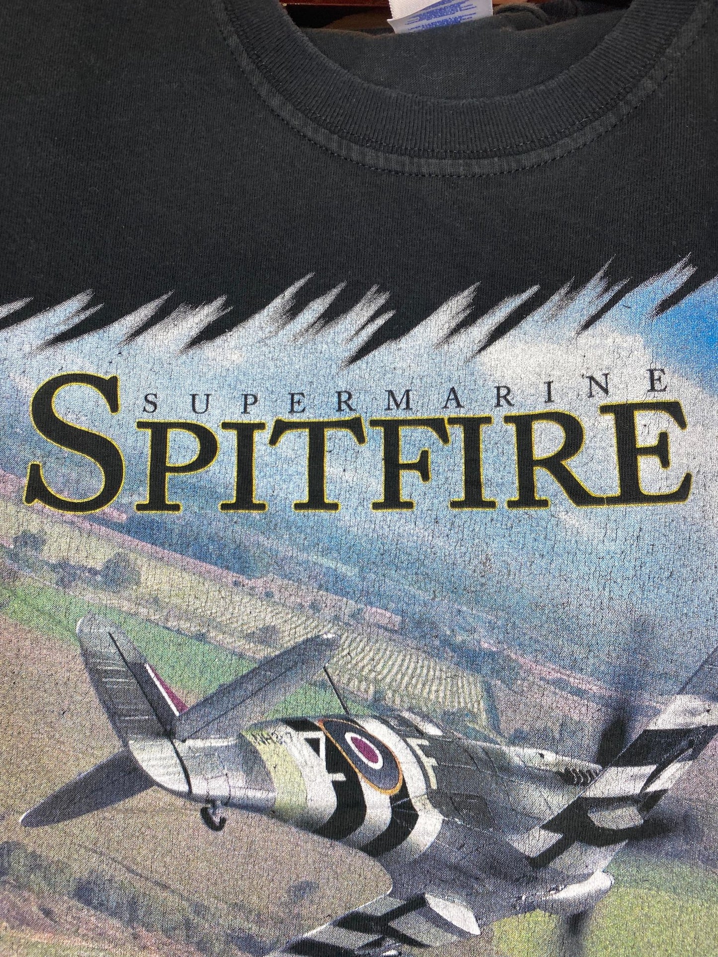 M&O Knits x Labusch Skywear Inc. x Super Marine Spitfire Fighter Jet Black Graphic Tee - M