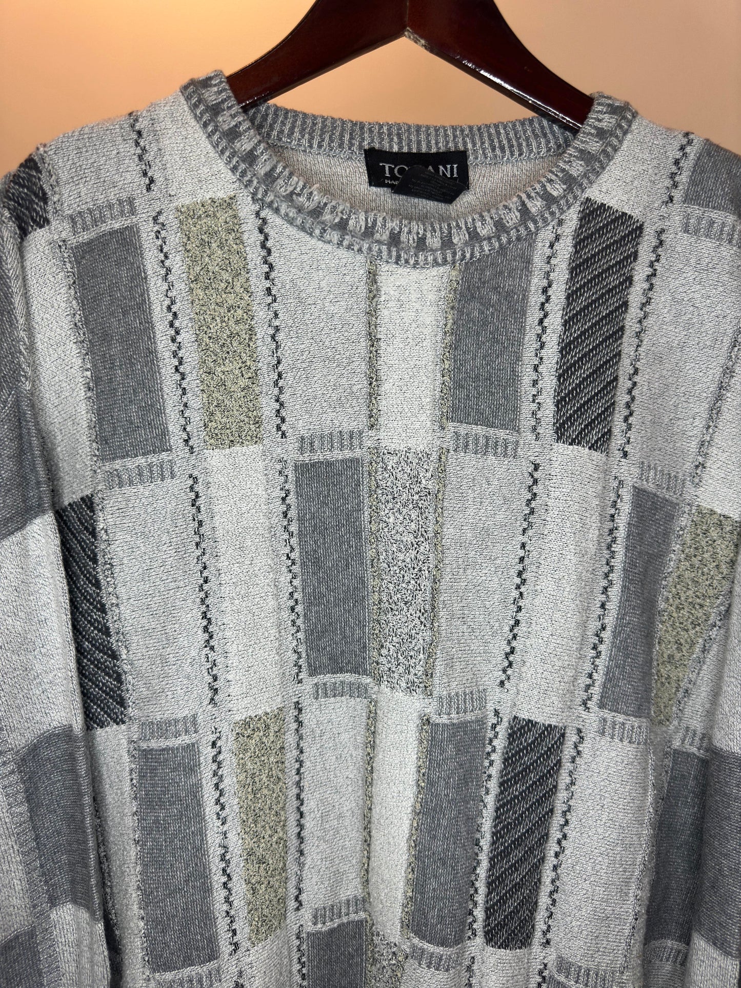 VTG x TOSANI x Grey Square Pattern 3D Knit Pullover Sweater - XXXL