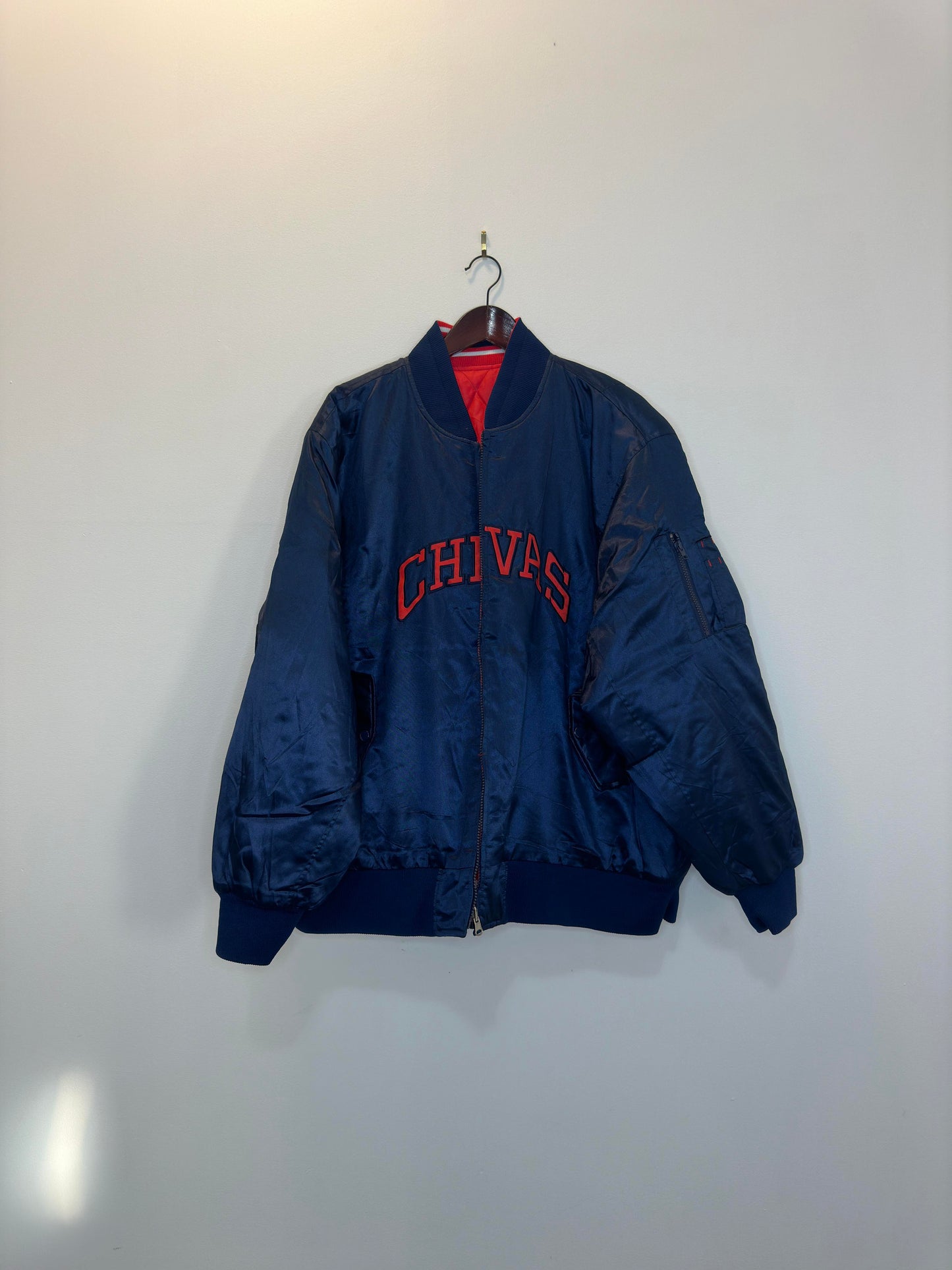 VTG x World Soccer x Chivas Club Deportivo Guadalajara x Reversible Red & Navy Satin Bomber Jacket- XL