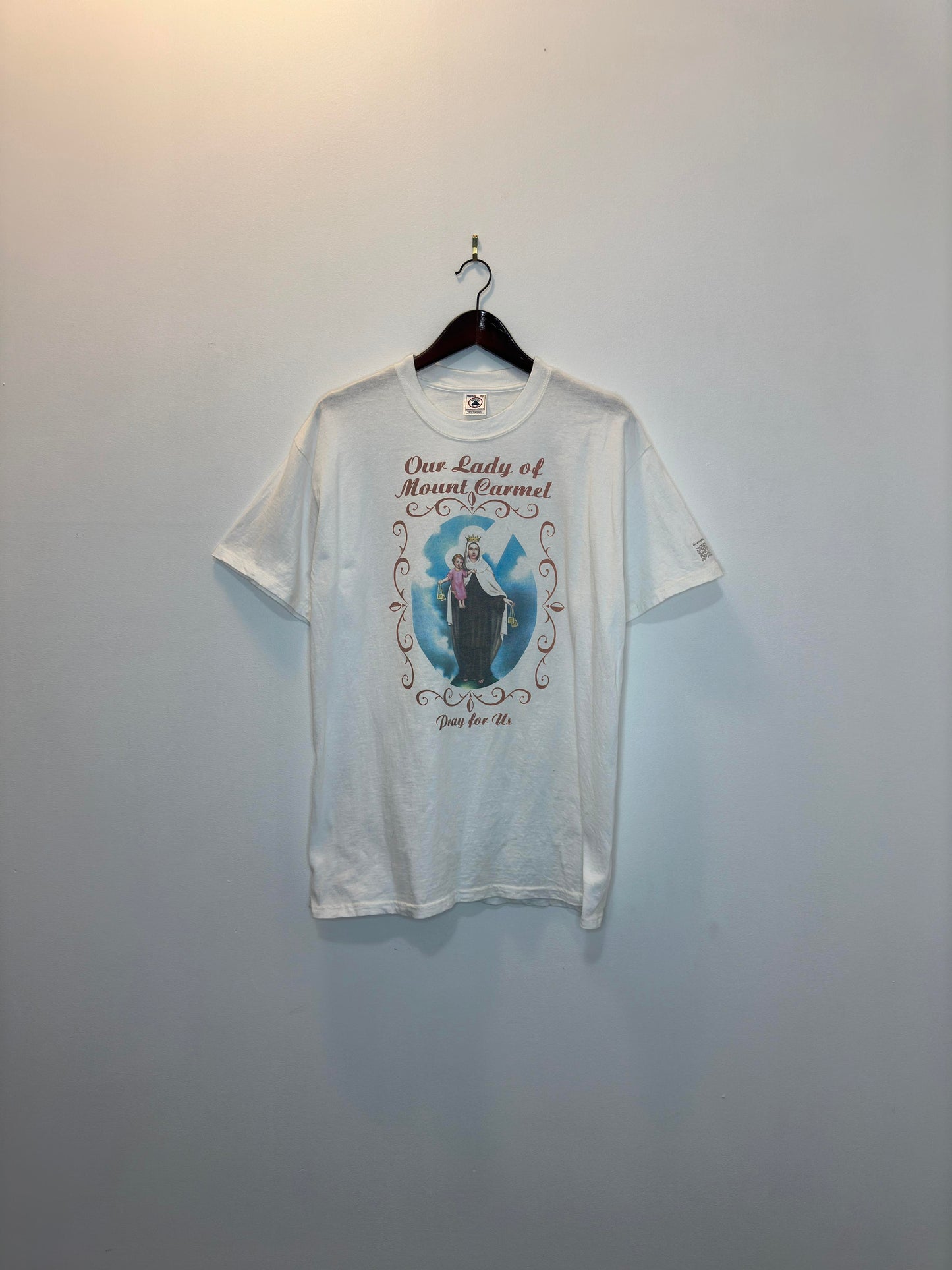 VTG x Delta Magnum Weight x Our Lady of Mount Carmel x White Religious Graphic Tee - L