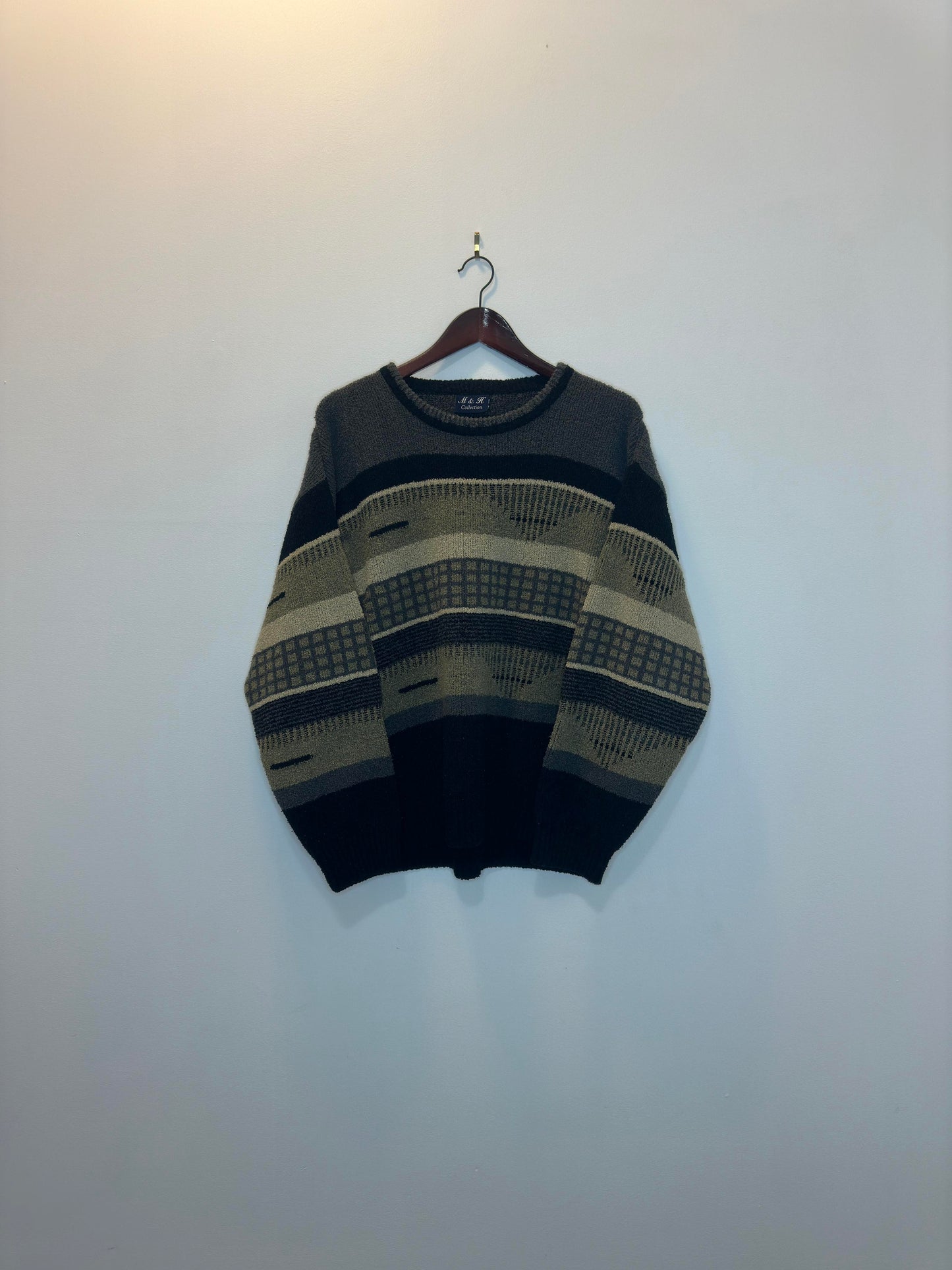 VTG x M&H Collection x Brown/Black Patterned 3D Knit Pullover Sweater - L (Cut Tag)