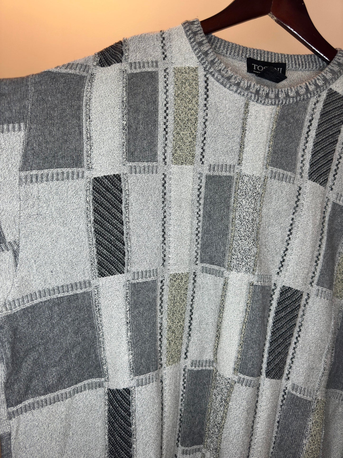 VTG x TOSANI x Grey Square Pattern 3D Knit Pullover Sweater - XXXL