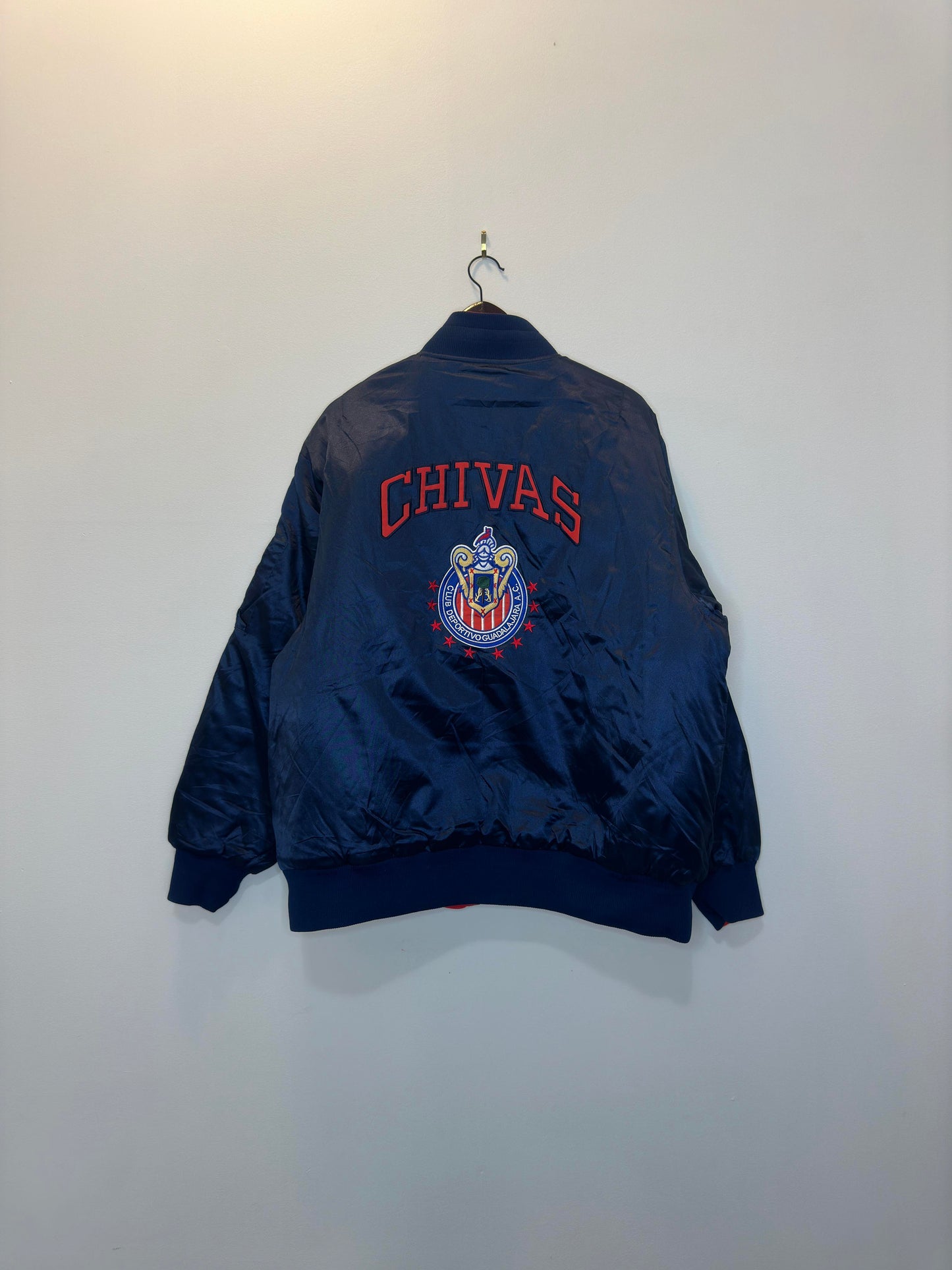 VTG x World Soccer x Chivas Club Deportivo Guadalajara x Reversible Red & Navy Satin Bomber Jacket- XL