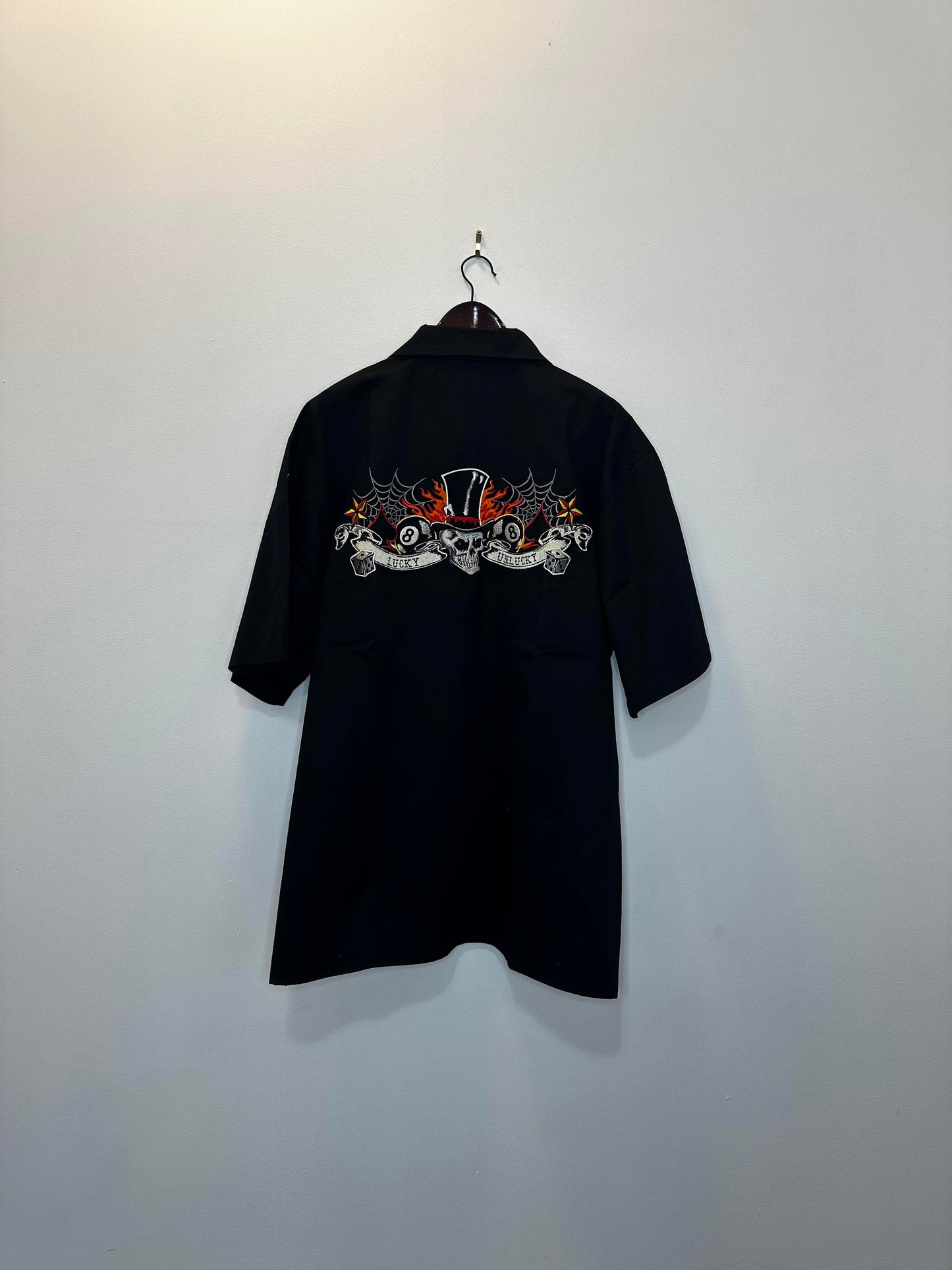 VTG x Dragonfly Roadhouse x Black Top Hat Skull Embroidered Biker Short Sleeve Button Up - XXL