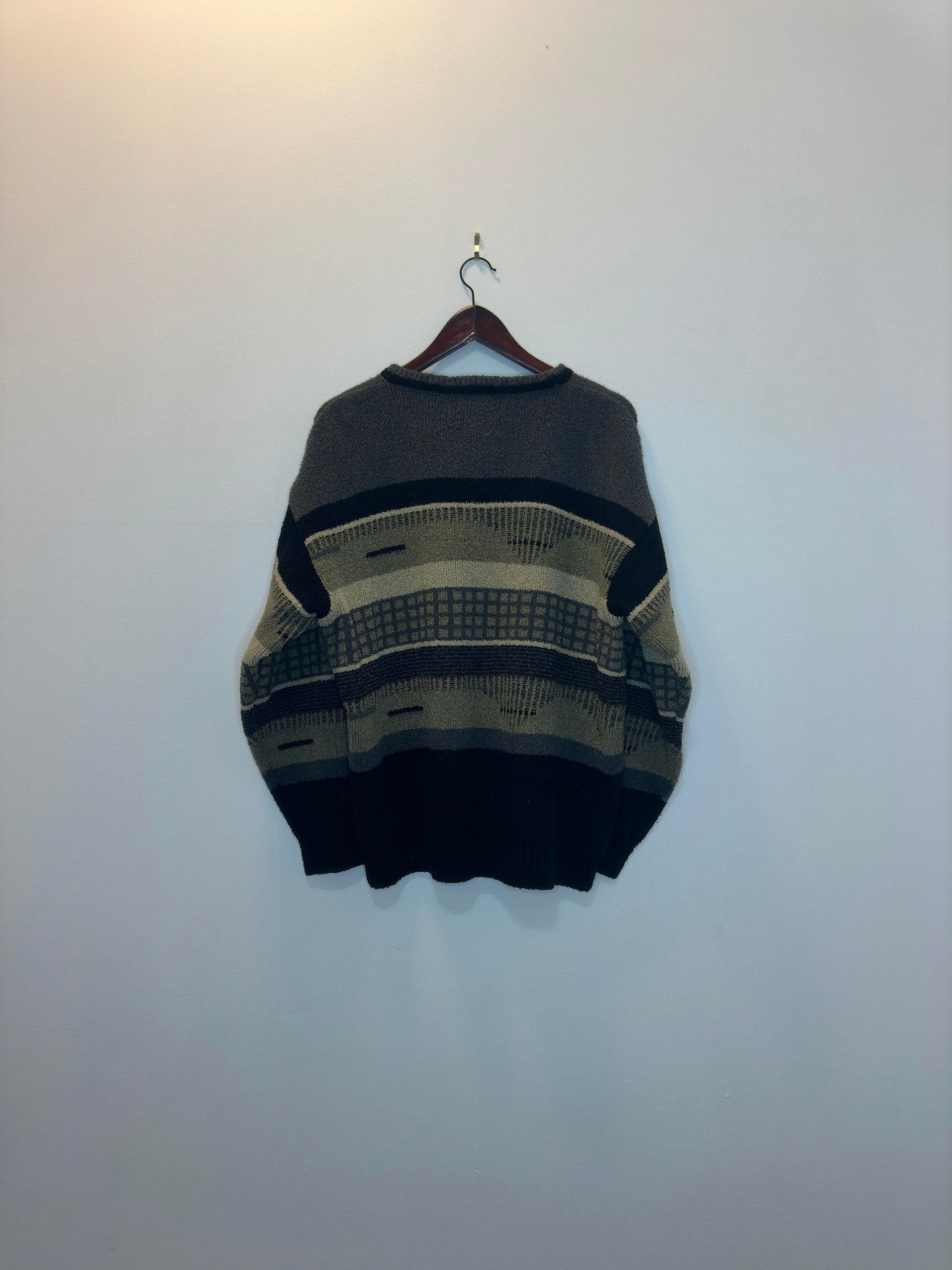 VTG x M&H Collection x Brown/Black Patterned 3D Knit Pullover Sweater - L (Cut Tag)