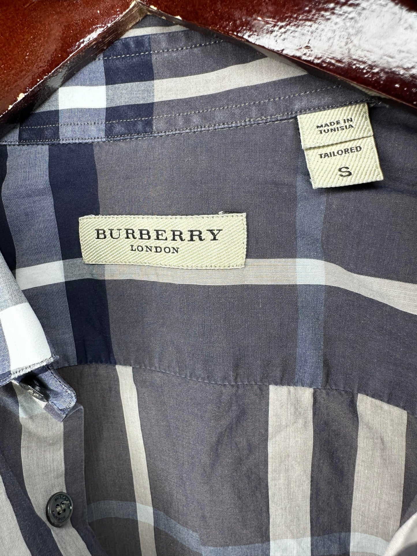 Burberry London x Navy Checkered Pattern Long Sleeve Button Up - S