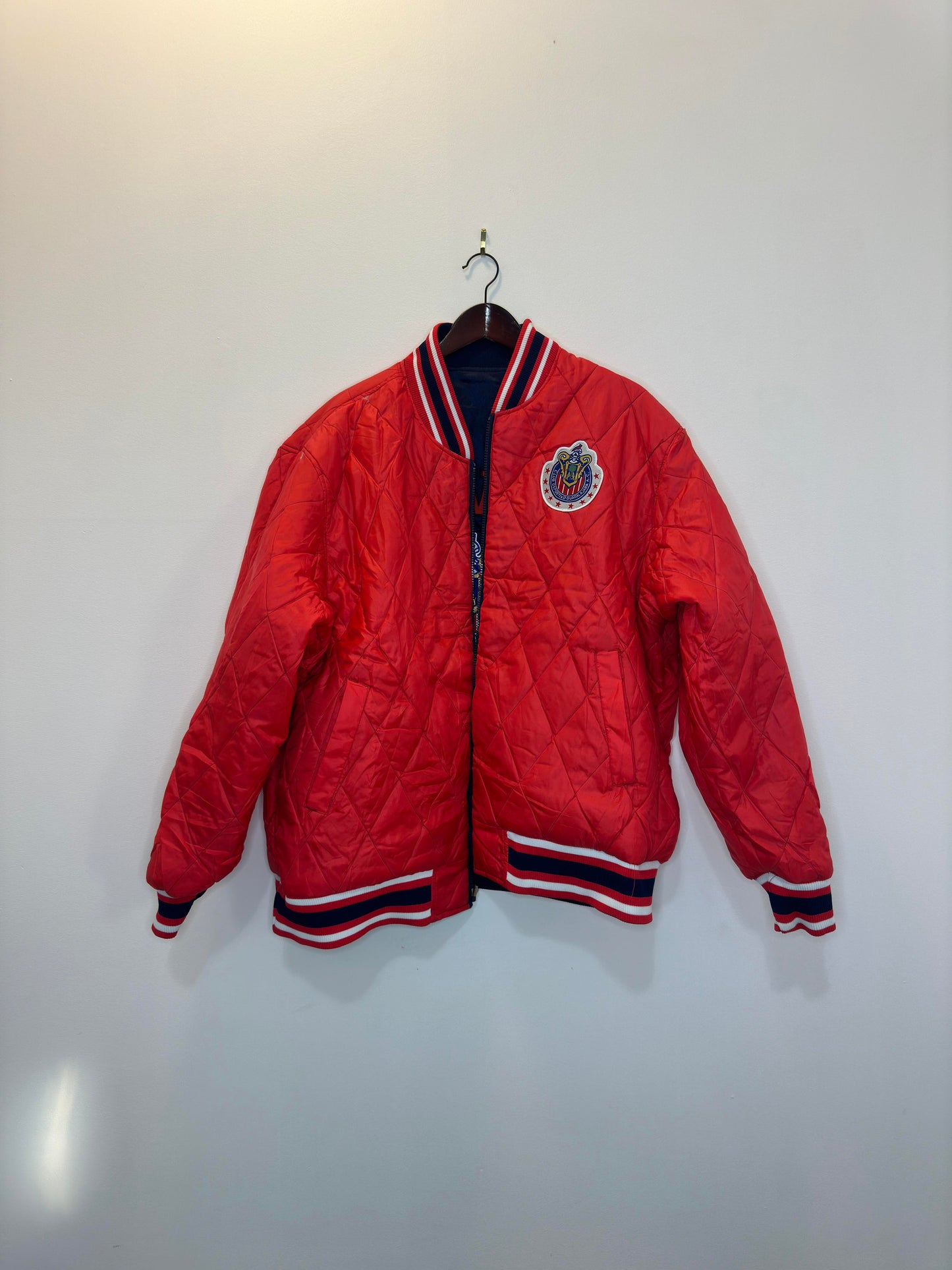 VTG x World Soccer x Chivas Club Deportivo Guadalajara x Reversible Red & Navy Satin Bomber Jacket- XL