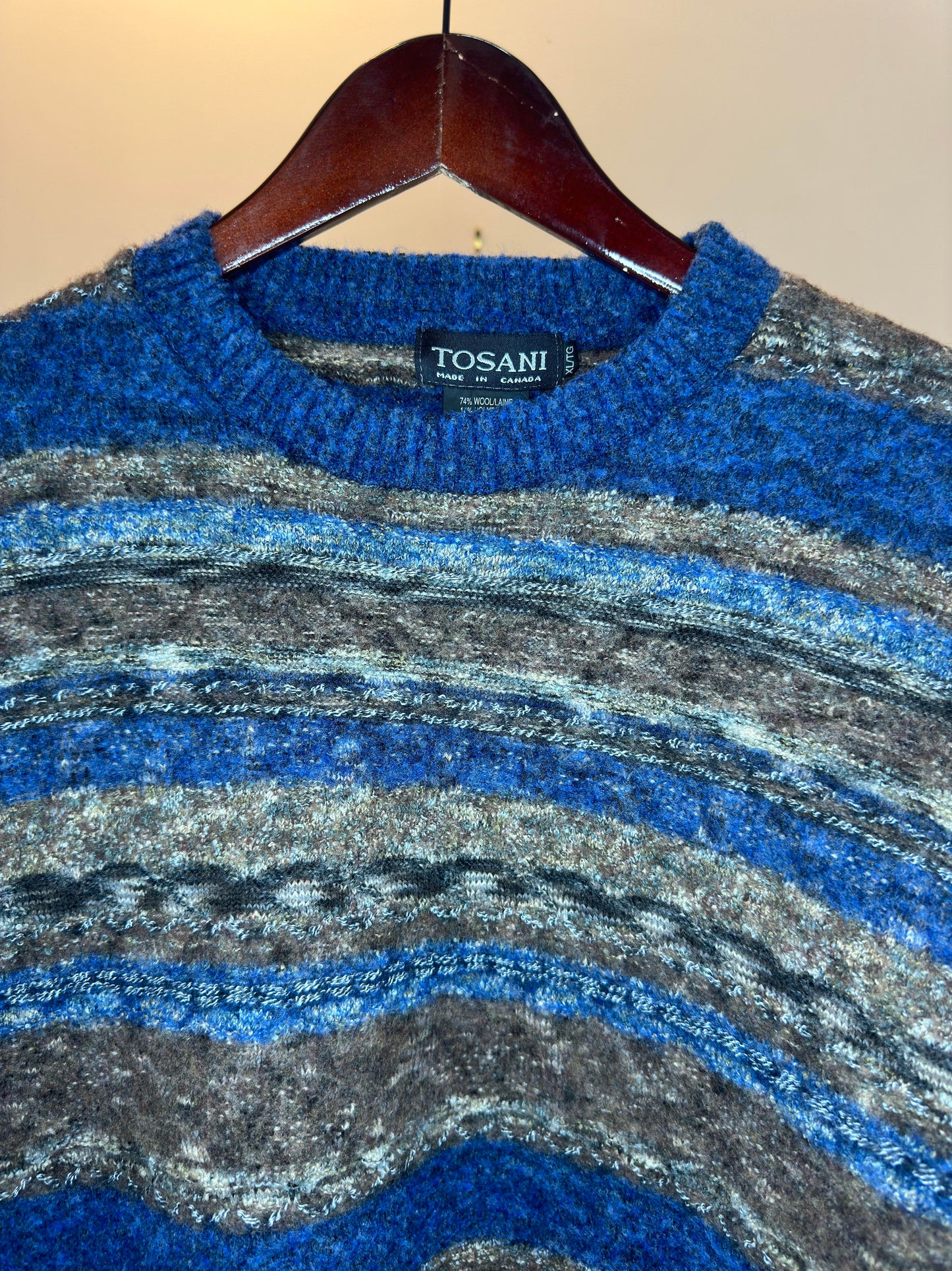 VTG x TOSANI x Blue Wool 3D Knit Pattern Pullover Sweater - XL