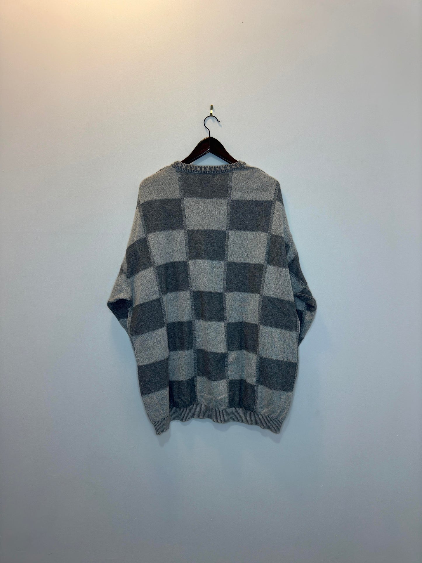 VTG x TOSANI x Grey Square Pattern 3D Knit Pullover Sweater - XXXL