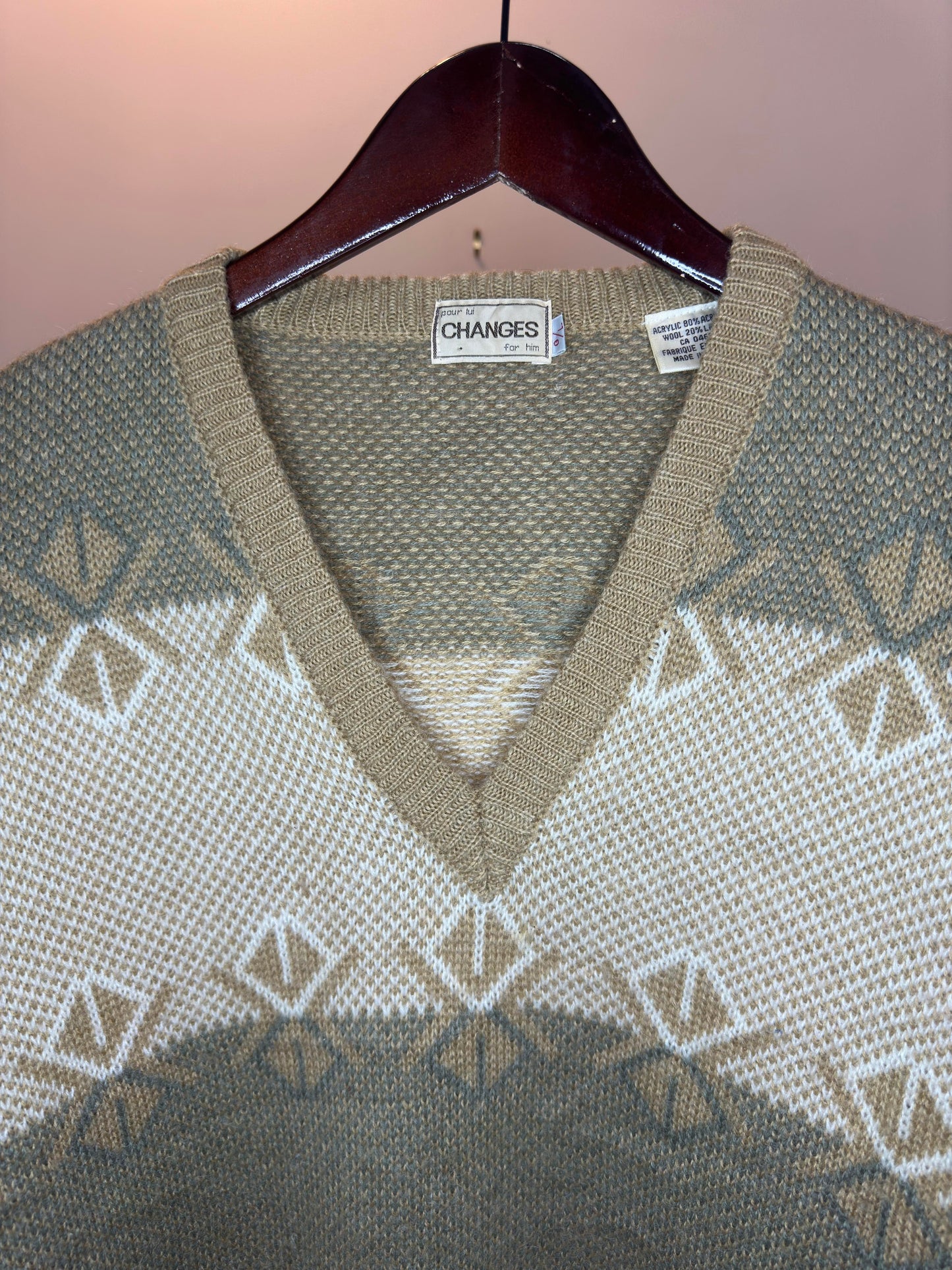 VTG x CHANGES x V-Neck Wool Knit Pullover Sweater - L