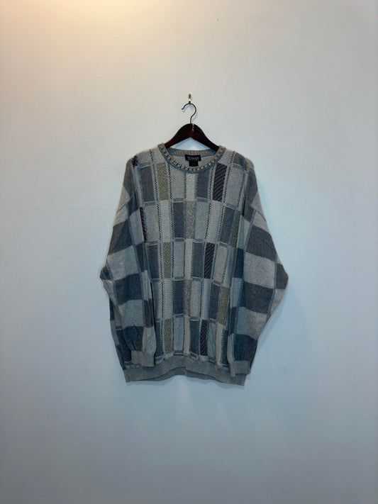 VTG x TOSANI x Grey Square Pattern 3D Knit Pullover Sweater - XXXL