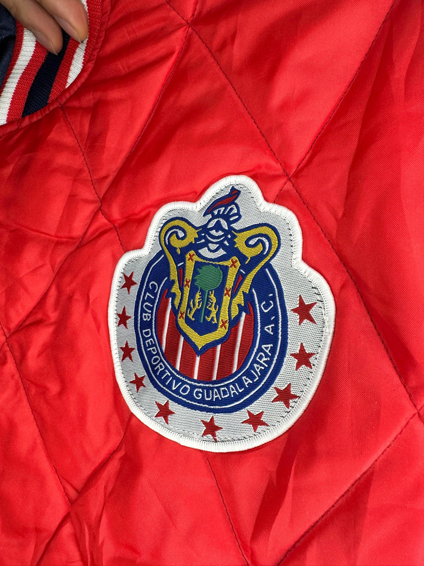 VTG x World Soccer x Chivas Club Deportivo Guadalajara x Reversible Red & Navy Satin Bomber Jacket- XL