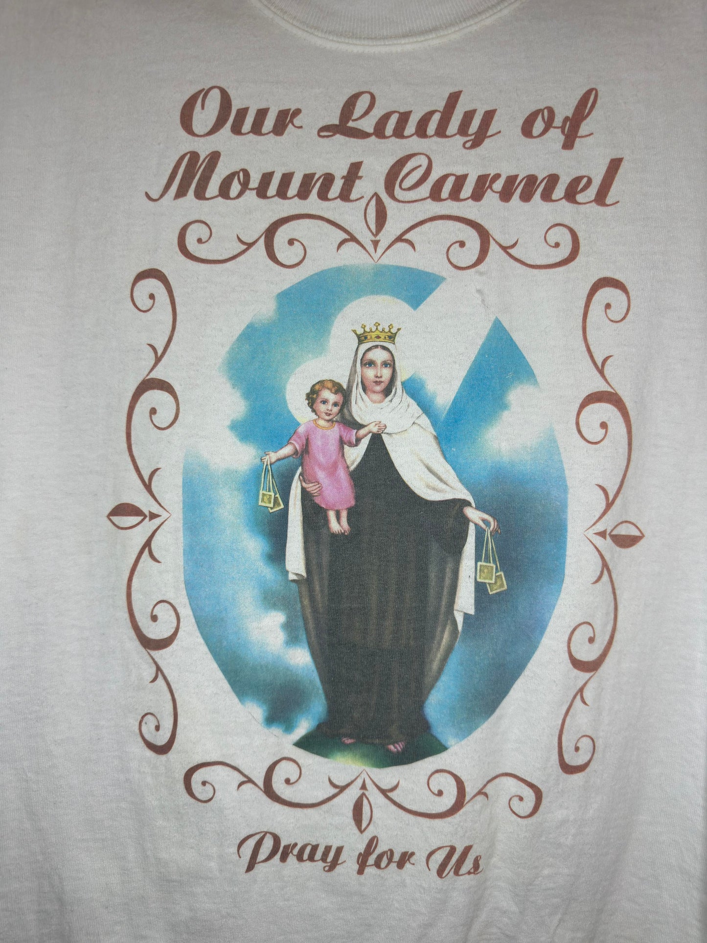 VTG x Delta Magnum Weight x Our Lady of Mount Carmel x White Religious Graphic Tee - L