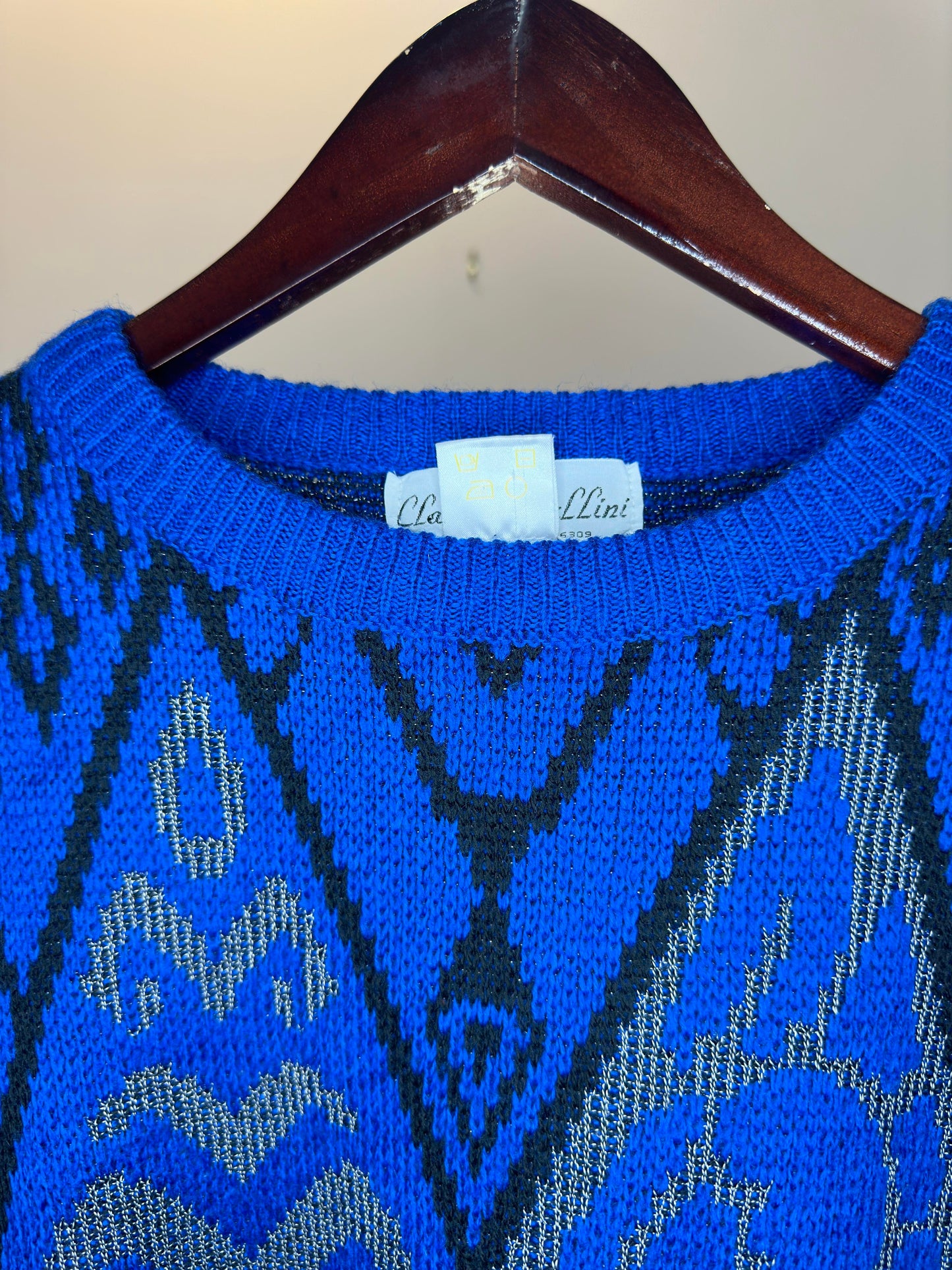 VTG x Clarissa Bellini x Blue Diamond Patterned Pullover Knit Sweater - M