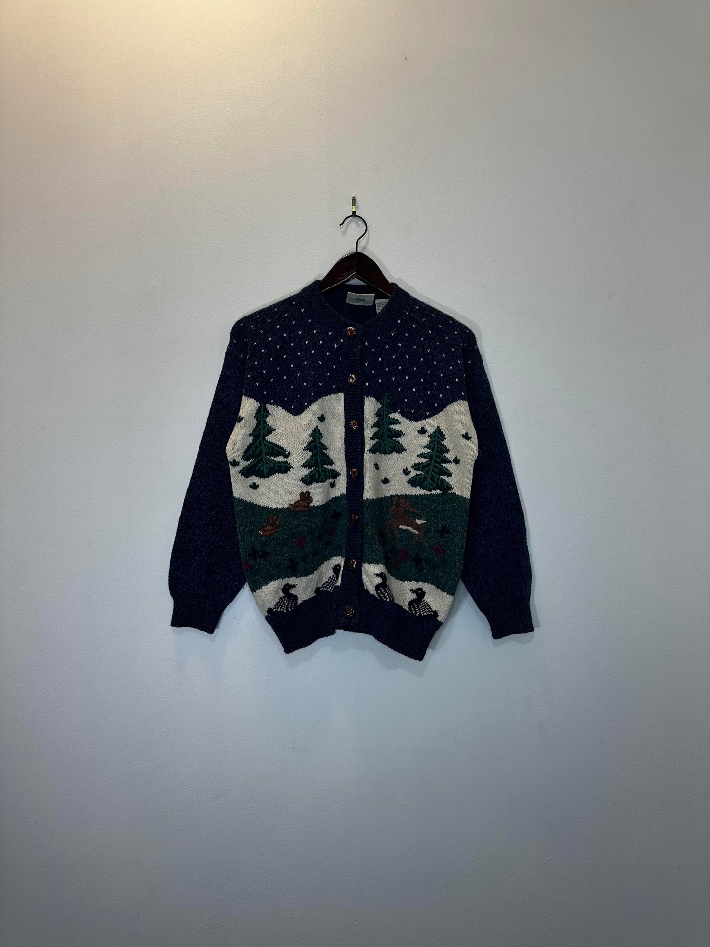 VTG x Northern Reflection x Snowy Scene Knitted Pattern Button-Up Knit Sweater - S