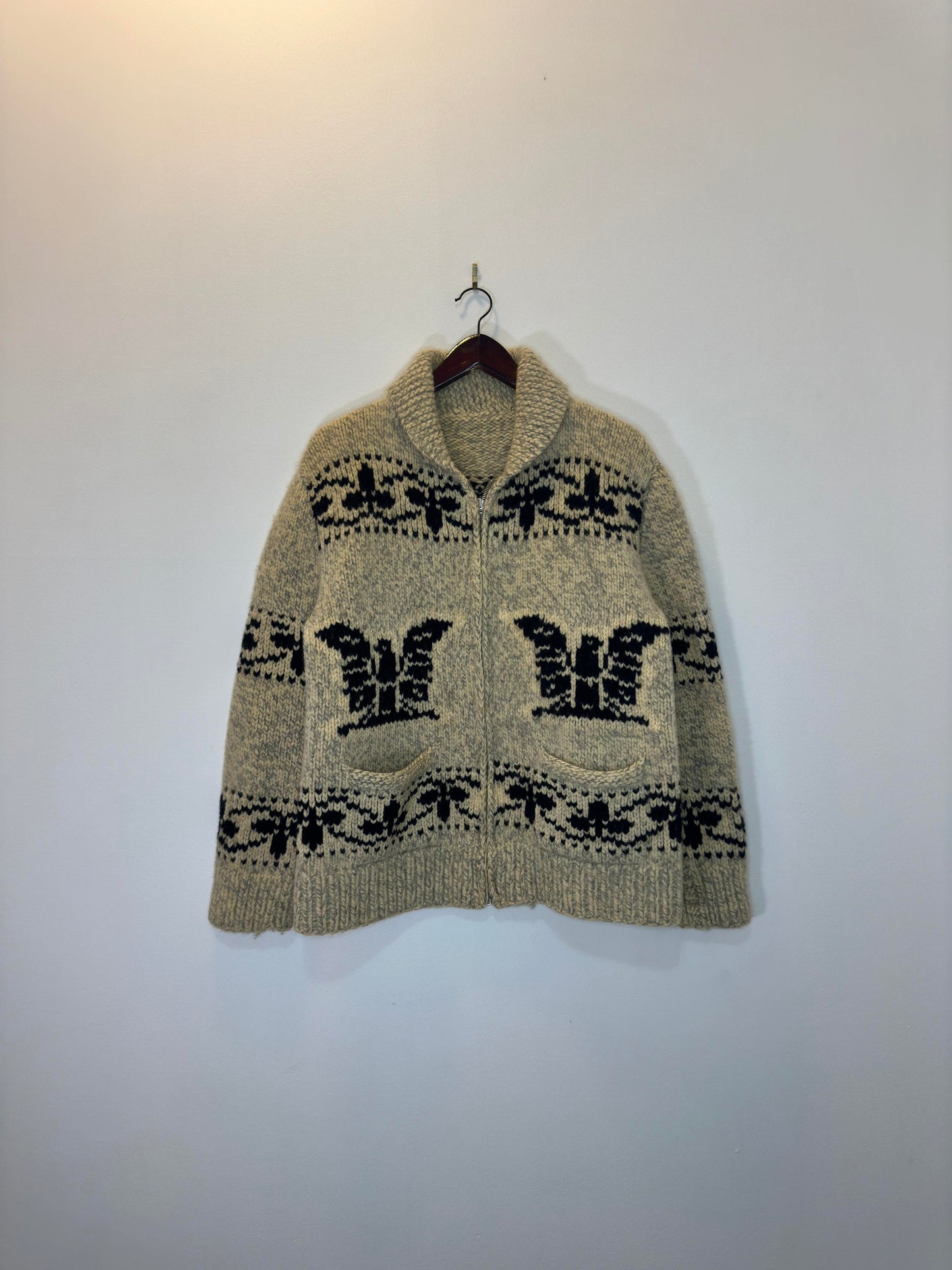 VTG x LIGHTNING Zipper x 50s/60s Indigenous Eagle Pattern Cowichan Hand Knitted Sweater - NO TAG (M/L)