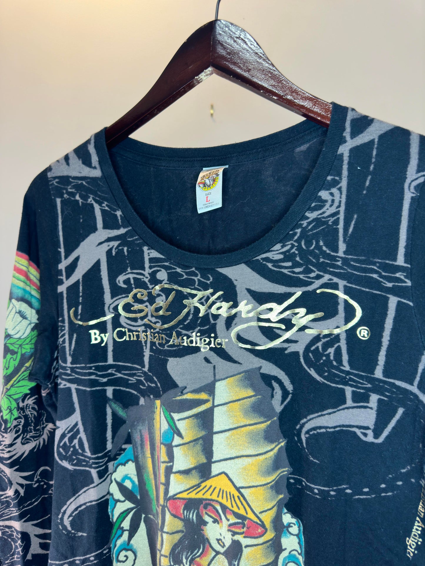 VTG x Y2K Style x Christian Audigier x Ed Hardy Japanese Suburban Style Graphic Long Sleeve Tee - Women's L