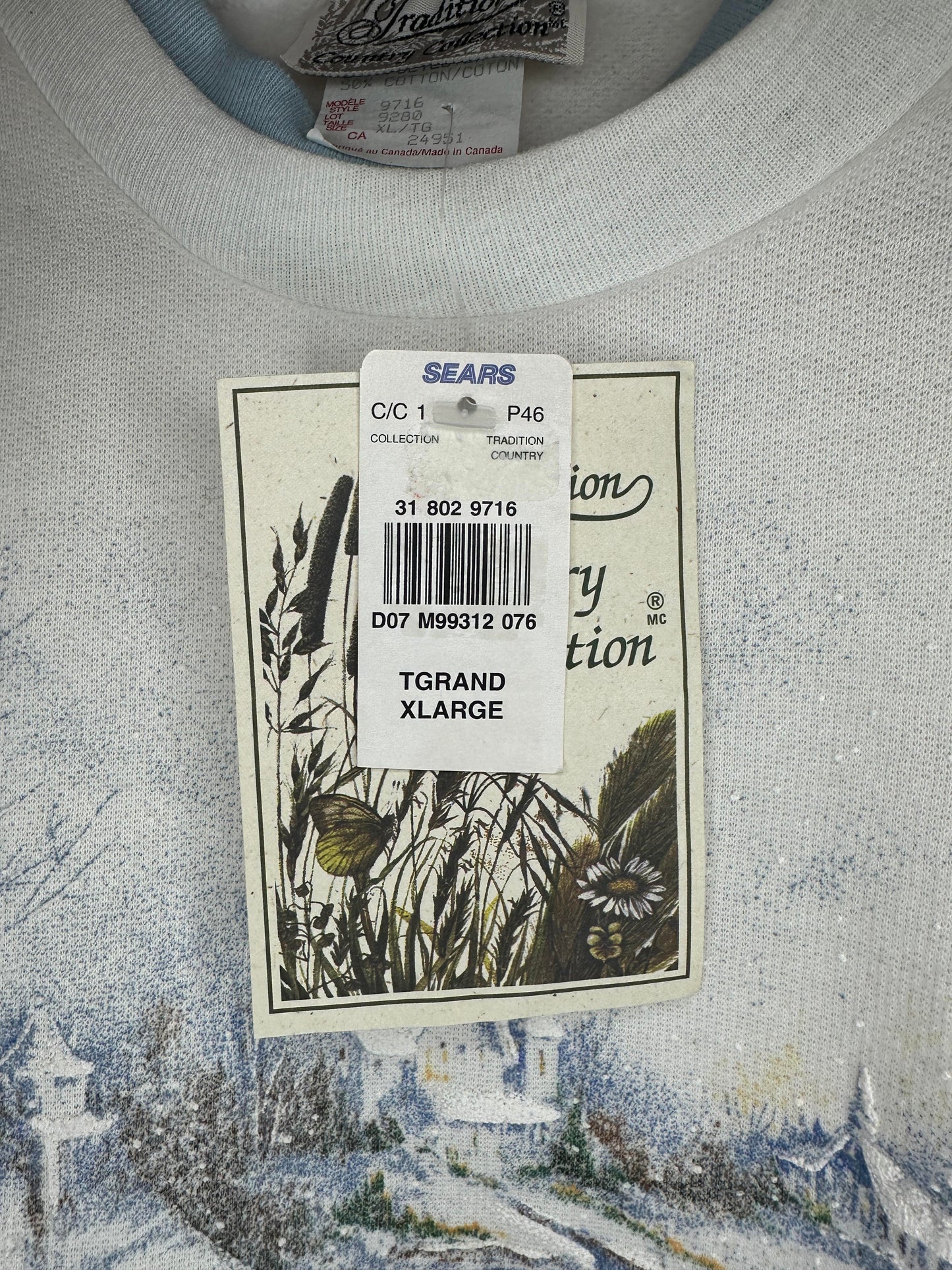 VTG x TRADITIONS x Snow Scene Graphic White Double Neck Pullover Crewneck- Women's XL