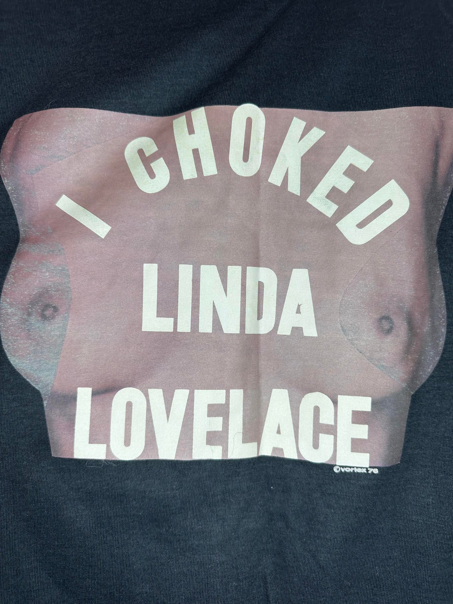 VTG x VORTEX x Tiger Brand x 70's "I Choked Linda Lovelace" Adult Star Black Ringer Tee - L