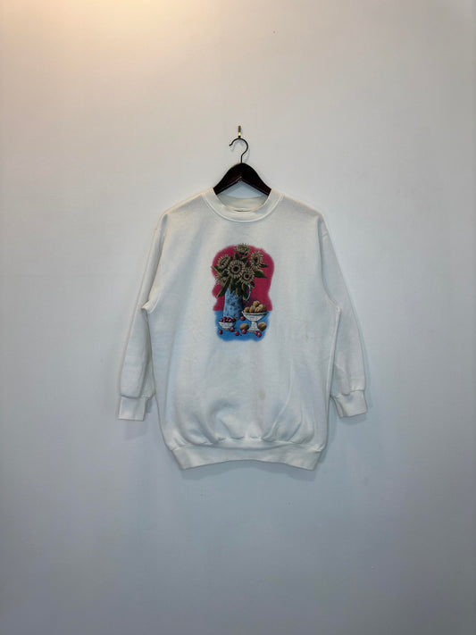 VTG x TRADITIONS x Sunflower Graphic White Pullover Crewneck- Women's XL