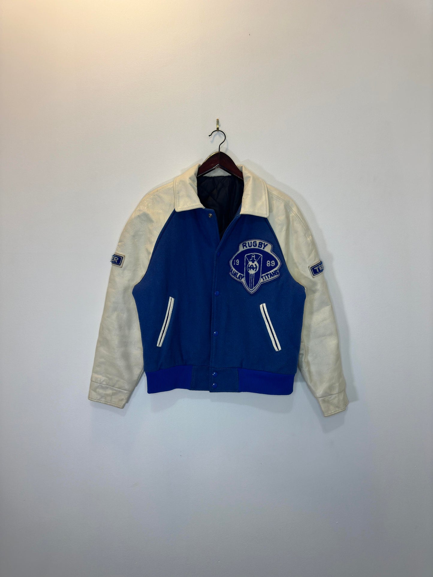 VTG x RUGBY x AINLAY TITANS x Leather Varsity Blue/ White Jacket - No Tag (M)