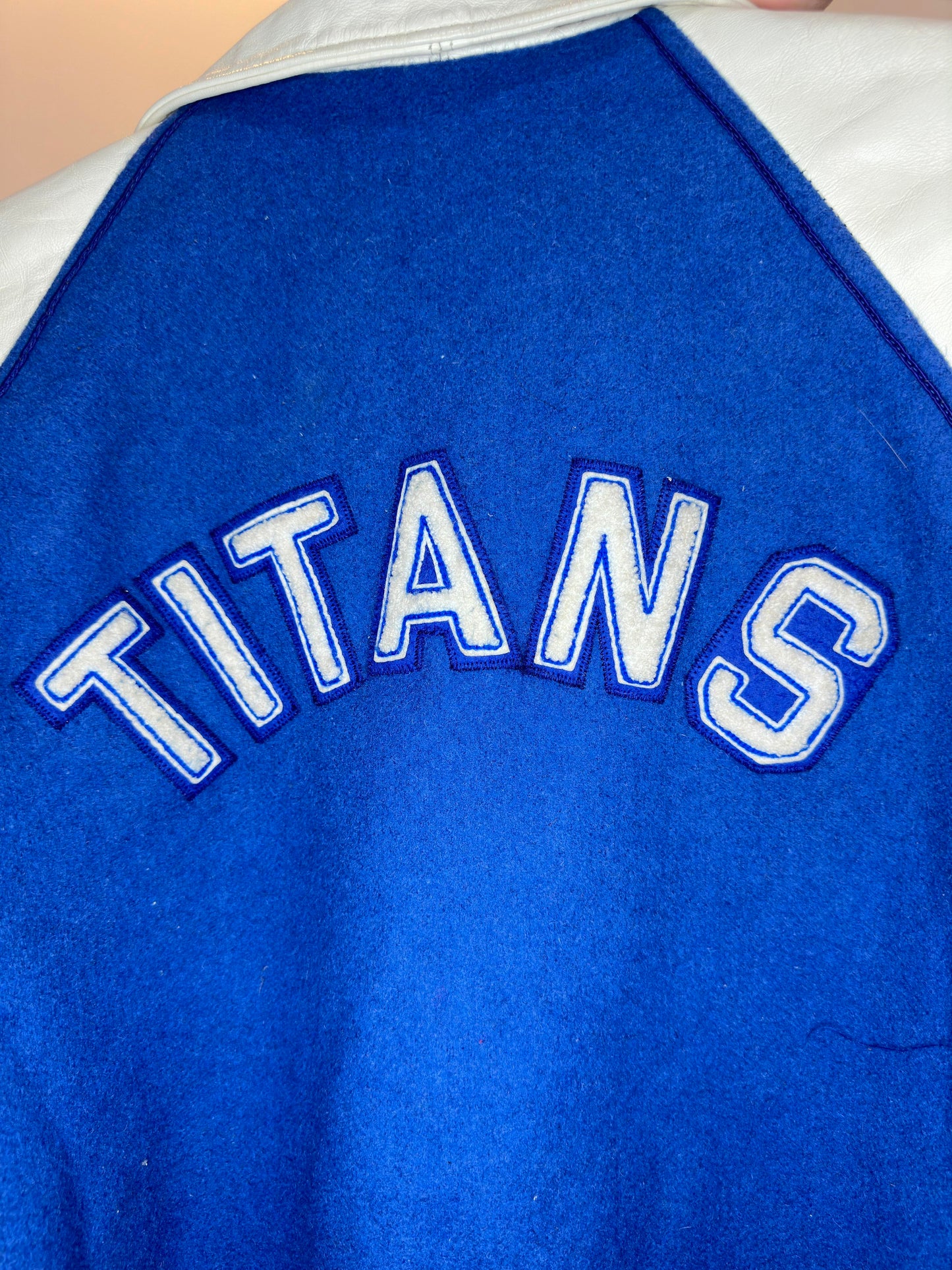 VTG x RUGBY x AINLAY TITANS x Leather Varsity Blue/ White Jacket - No Tag (M)