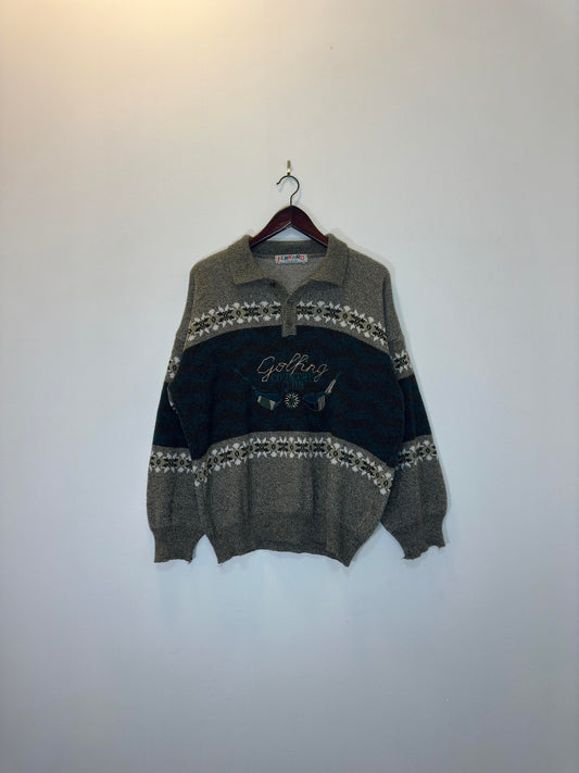 VTG x GOLFING Country Club x Ferraro x Multicolor Pattern Collared Pullover Knit Sweater - Cut Tag (L/XL)