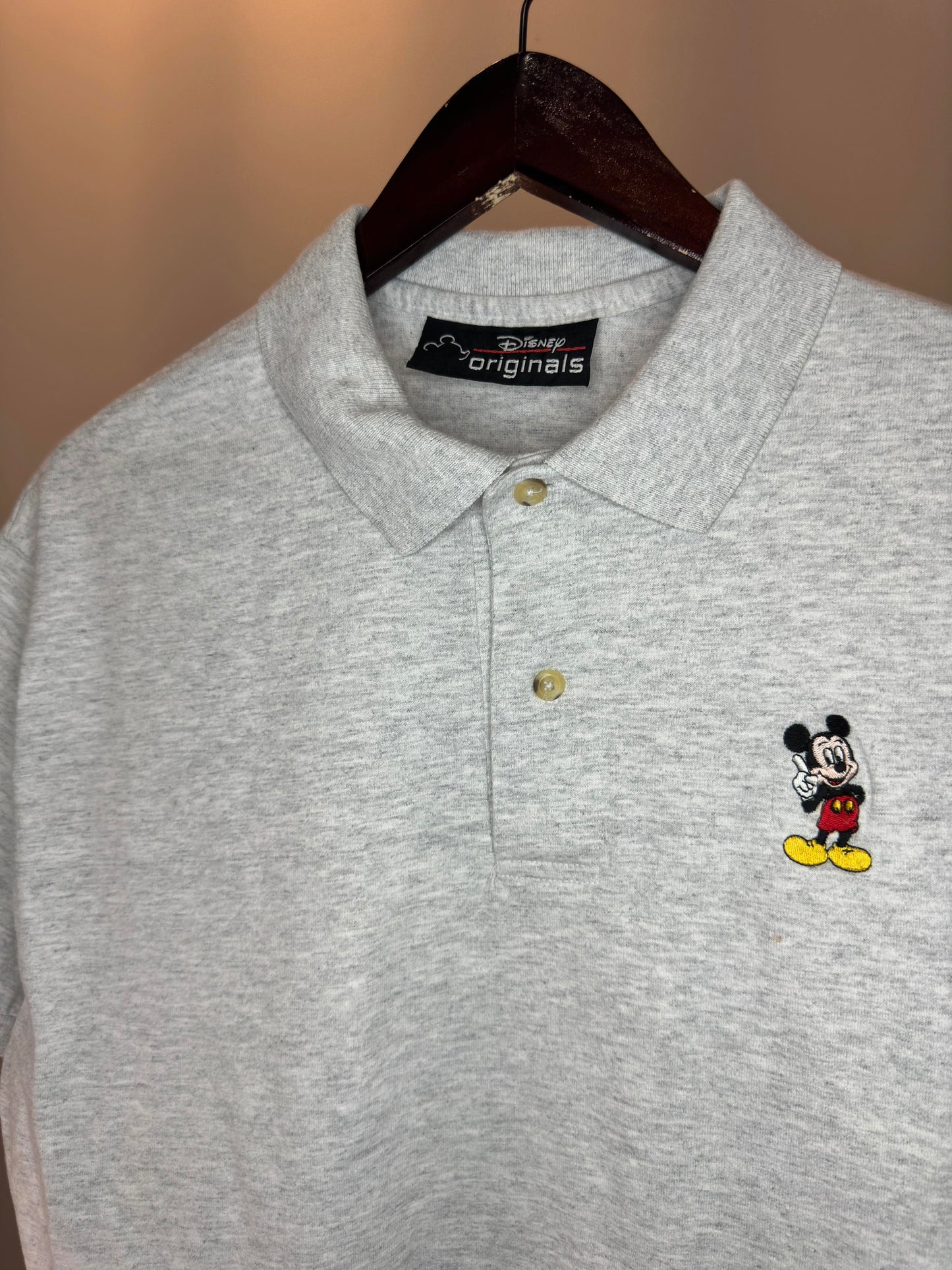 VTG x DISNEY Original x Grey Mickey Embroidered Short Sleeve Polo Shirt - No Tag (L/XL)