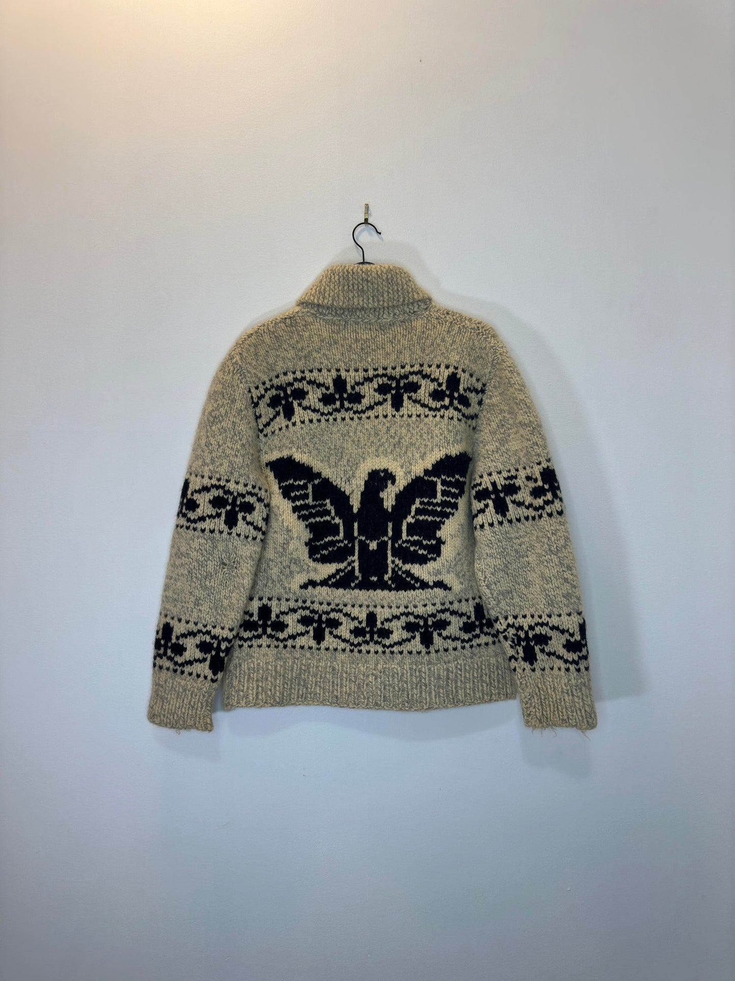 VTG x LIGHTNING Zipper x 50s/60s Indigenous Eagle Pattern Cowichan Hand Knitted Sweater - NO TAG (M/L)